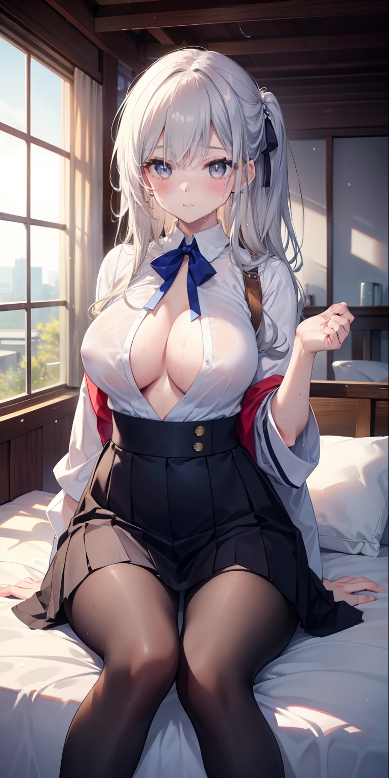 ULZZANG-6500-V1.1, (RAW PHOTO:1.2), (Photorealistic), a beautiful detailed girl, extremely detailed eyes and face, beautiful detailed eyes, (Huge ceiling), high resolution, ighly detailed, superior quality, [workmanship press:1.6], illustratio, ighly detailed, CG, fine detail, superior quality, Highly detailed 8k uniform CG wallpaper, cinematic lighting, 1girl in、17 years old、Japan cute high school girl、[Show your bra:1.5 ], breasts、J-cup:1.9]、beautiful droopy eyes、beautiful big eyes、(no bra)、sweat and get wet、[sexual arousal:1.1]、[lyin in bed:1.5]、raise both hands、tape of the school uniform around the neck、A slight smile、(the whole body is wet:1.2)、bright eyes、Put your head on the pillow、a navel、Open button、(tights)