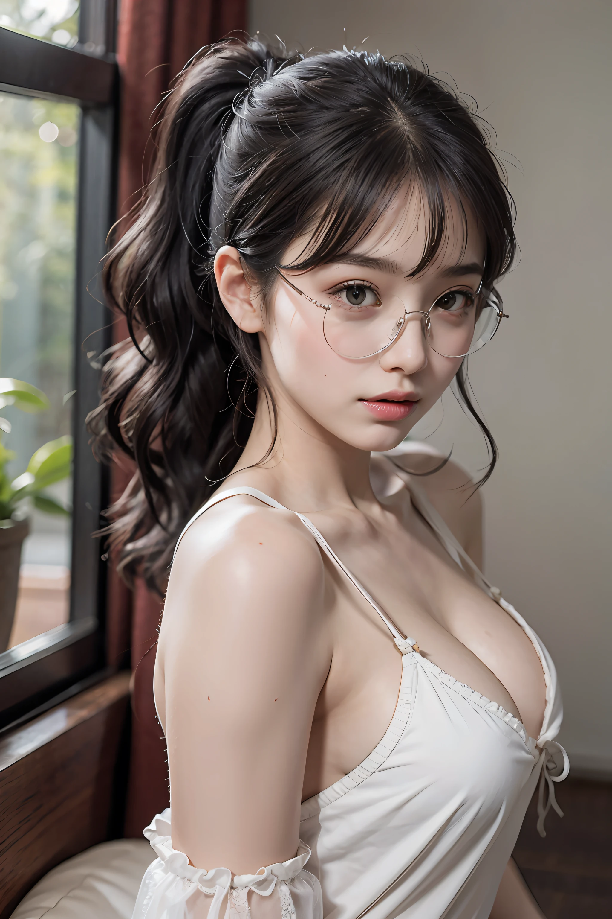 20 yo woman， brunette color hair， Short ponytail hair， thin frame glasses， Thinking face， （Wear a pajama dress， Medium breasts with），  lying on sofa，    glass window， wall clock， BREAK BREAK BREAK， cinematric light， realisticlying， tmasterpiece， Best quality at best， Complex CG，Highly detailed face，High detail eyes，