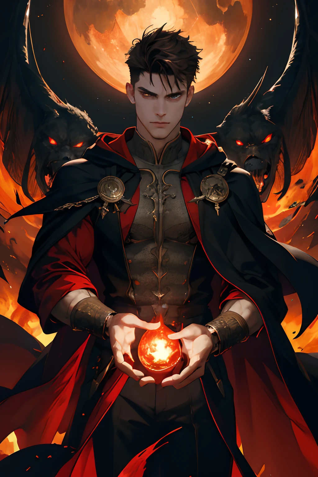(absurdres, highres, ultra detailed), 1 male, 20 year old mature, young, handsome, tall muscular guy, broad shoulders, very short hair, undercut, brown hazel eyes, finely detailed eyes and detailed face, extremely detailed CG unity 8k wallpaper, intricate details, (style-swirlmagic:0.8), portrait, looking at viewer, solo, (full body:0.6), dynamic pose, detailed background, madness in eyes, hovering in the air, necromancer, evil to the core, red clouds, casting a spell, fireball, hooded dark robe, dark circlet, underworld, warhammer theme, bringer of the false light, dark clouds, floating pieces of dirt, decadence, evil energy emanating, dark aura, broken shackles, , cowboy shot, undercut hair, brunette hair, hogwart legacy vibe, hogwart vibe.