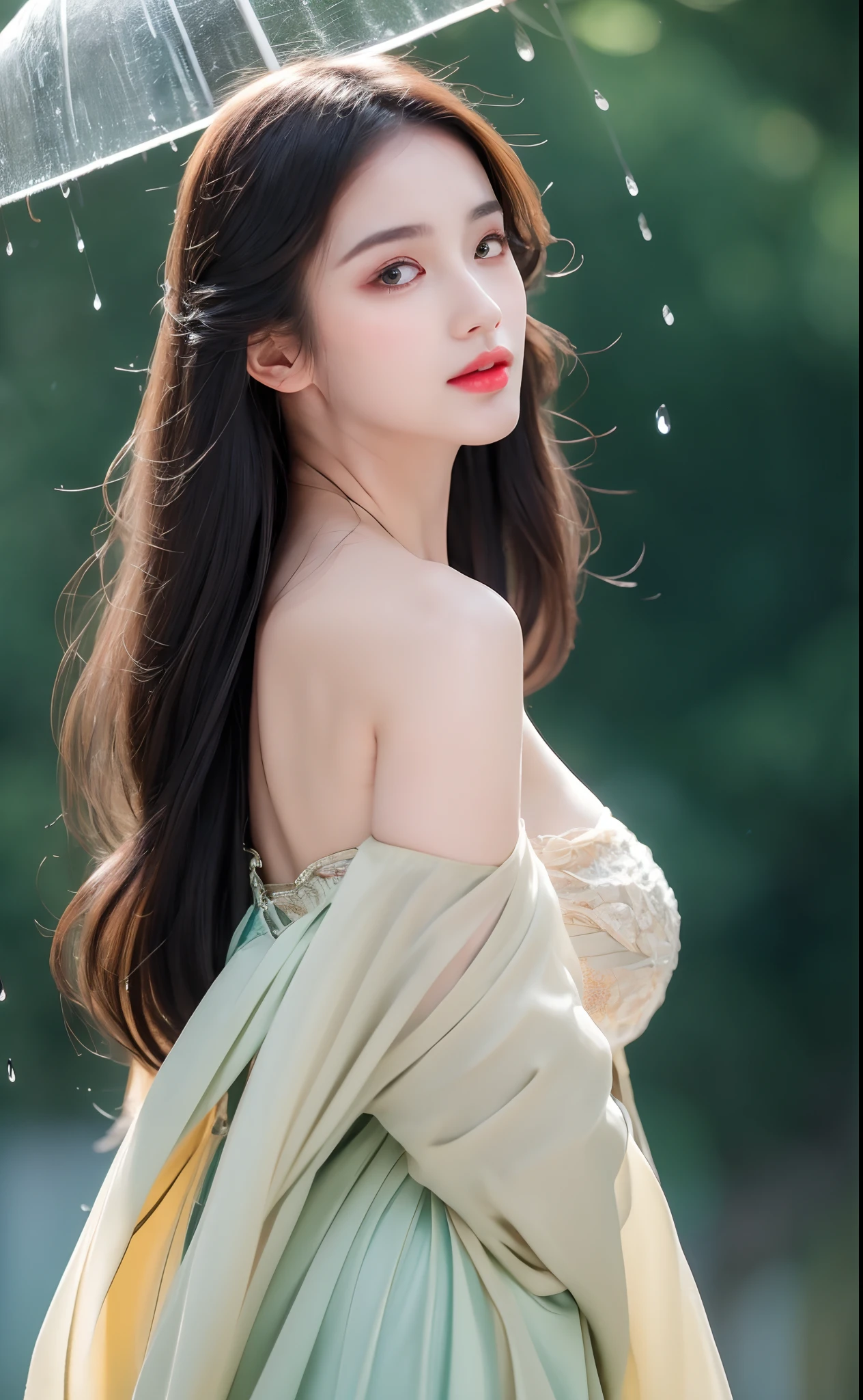 ((Best Quality, 8k, Masterpiece: 1.3)), Focus: 1.2, Perfect Body Beauty: 1.4, Buttocks: 1.2, ((Layered Haircut)), (Wet Clothes: 1.1), (Rain, Street:1.3), (Breasts: 1.2), (Hanfu: 1.2), Bare Shoulders, Bare Legs, Highly Detailed Face and Skin Texture, Fine Eyes, Double Eyelids, Whitened Skin, Long Hair, (Shut Up: 1.5), (Bokeh Background: 1.5), Big Breasts