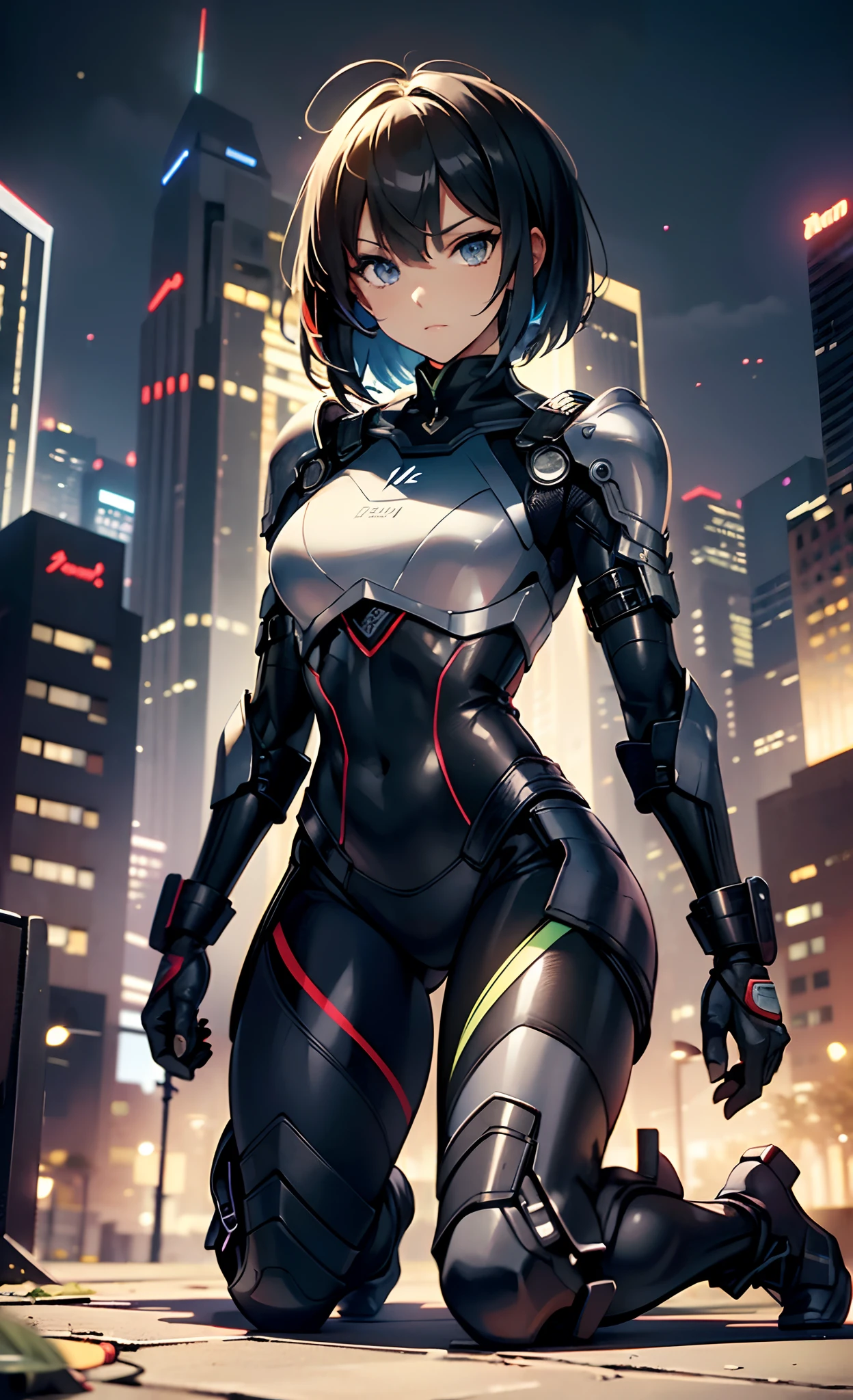 (masterpiece), best quality, high resolution, extremely detailed, detailed background, cinematic lighting, outdoor, 1girl, medium hair, medium breasts, mecha, bodysuit,
