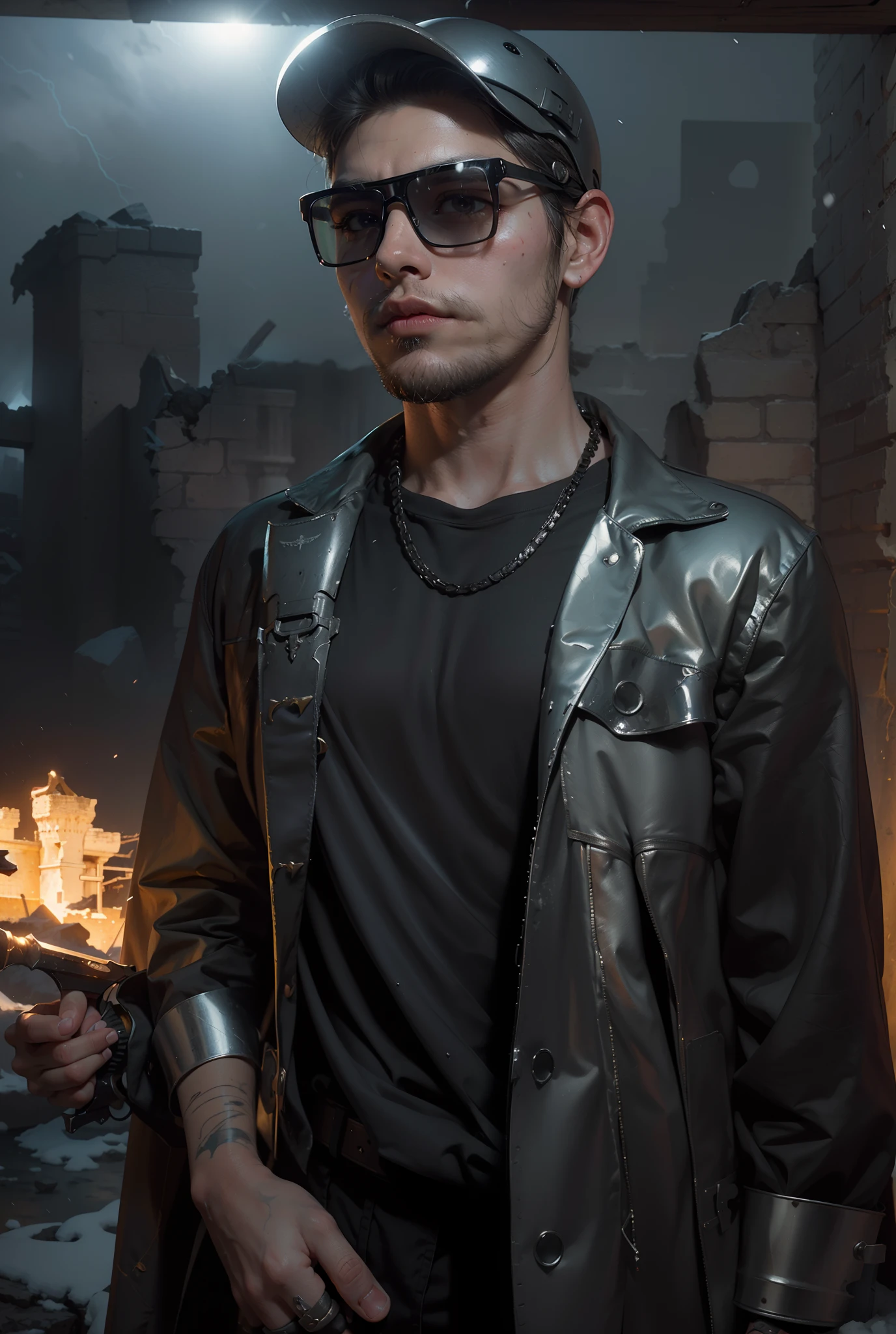 (Numerous award-winning masterpieces, with incredible detail, textures and maximum detail), (hyper realistic:1.4), (realistic:1.3), (upper body up:0.3), (best quality real texture skin), (full-body standing image:1.8), (finely detailed true circle eyes), (finely Detailed and beautiful face:1.6), ((medieval world)), dark black leather face mask, (veteran knight in jet black), Delicately decorated sword, in the dungeon, (dark black full-body armor with delicate ornamentation), (The armor is scarred but delicately decorated:1.5), Not wearing a helmet, (Full-length portrait:1.8), ((looks up)), ((looking down)), (Gripping the hilt of an elaborately decorated black long sword that glows with a monstrous light:1.7), (dramatic pose), beautiful white hair, beautiful silver hair, beautiful blonde hair ,black web robe, spiders on armor, Strong Warrior, Agile Warrior, fantasy, ((dramatic photo)), ((dynamic photo)), full body view, highly detailed, ultra-realistic, intricate details, painting (artwork), ((masterpiece,best quality)), ((cinematic light)), hyper realistic, fearsome, dark fantasy , detailed armor, detailed helmet, epic realistic, faded, ((neutral colors)), art, (hdr:1.5), (muted colors:1.2), hyper detailed, (art station:1.5), cinematic, warm lights, light effect, dramatic light, (intricate details:1.1), complex background, (Greg rutkowski:0.8), (teal and orange:0.4), (Swirling flames), (Swirling lightning), (swirling ice and snow), Old ruins infested with plants, Ruins of an old castle, Ruins of an ancient castle, Abandoned mine, Deserted ruins, crumbling ruins, Ruins with clear puddles, twilight, sunset, dusk, ripple on water, running water, Battlefield, bio luminescence,