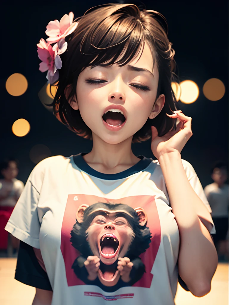 ( Screaming),Shake your hands、Reaching the climax:1.３,One girl closing her eyes, short-cut、masutepiece、Bottoms are randomly generated、（ Monkey illustration printed shirt ）、Background bokeh:1.5