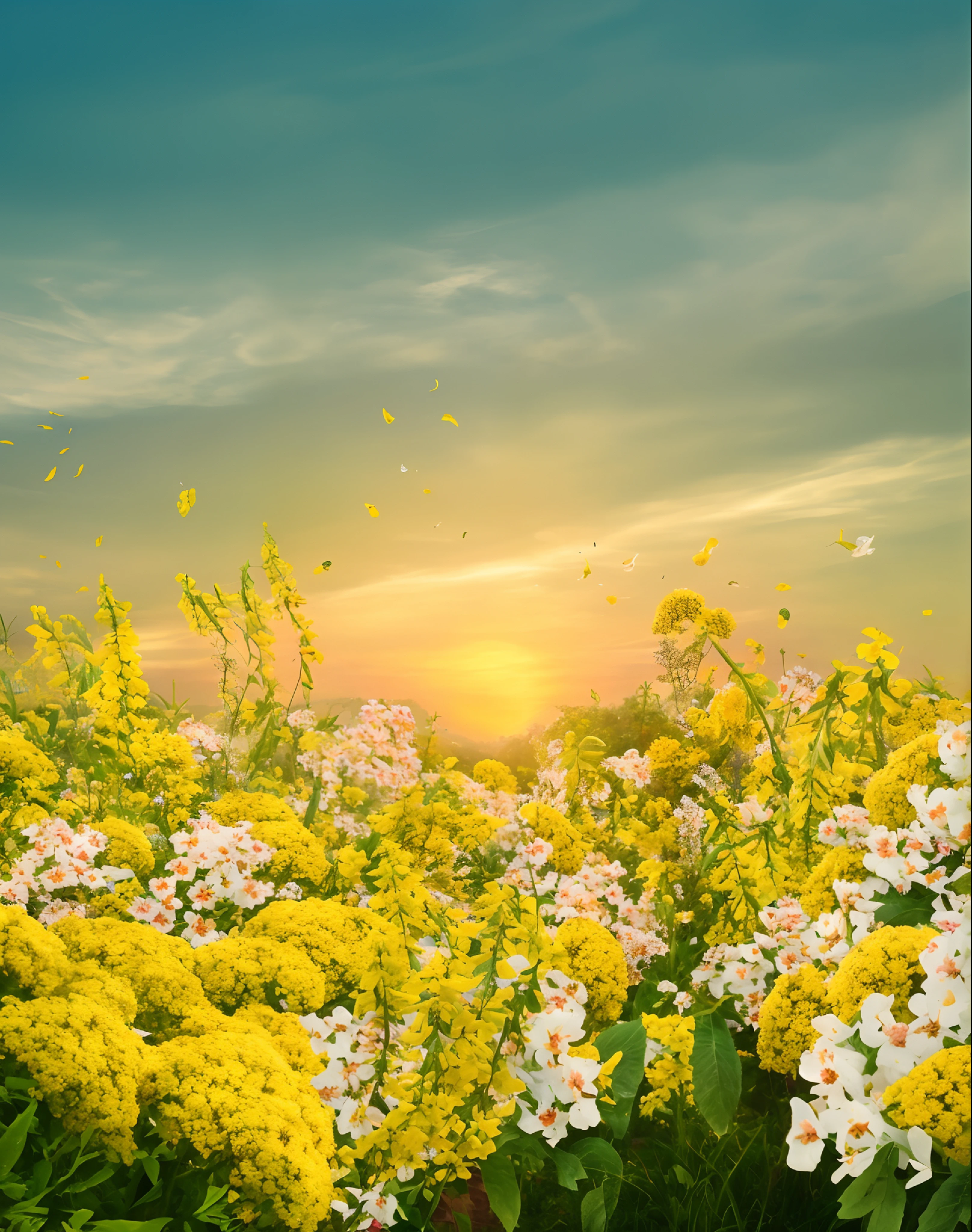 painting of a field of flowers with a sunset in the background, campo de fundo das flores, O Brilhante Amanhecer no Prado, floral sunset, flor natural do fundo, bright sunny summer day, cena quente e bonita, background is celestial, beautiful high resolution, fundo dourado da hora, summer morning flower garden, an aesthetic field of flowers, ambiente floral, fundo da natureza, fundo da flor