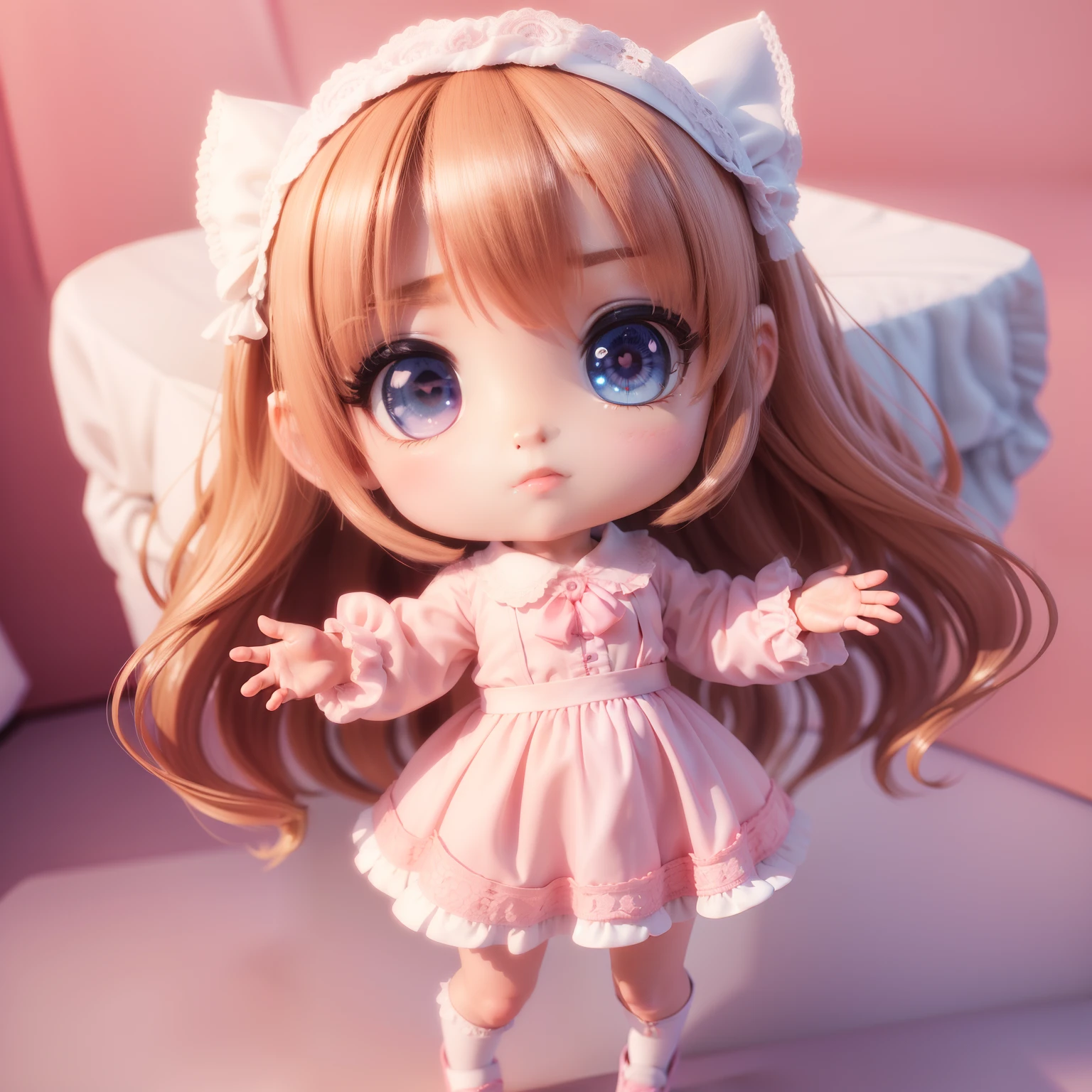 ((((chibi3d))) Best Quality), (masutepiece)、A 14-year-old girl is Russian with big blue eyes、Wavy bob hairstyle with brown hair、The figure is very slim、Blanc Women's Lace Blouse, Offshore style, Skipper Dresses, Shirt、Shape the heart with your hands、A slightly embarrassed look、The background is the interior of a cute pink café、The heart-shaped beam coming out of the hand is fluffy、