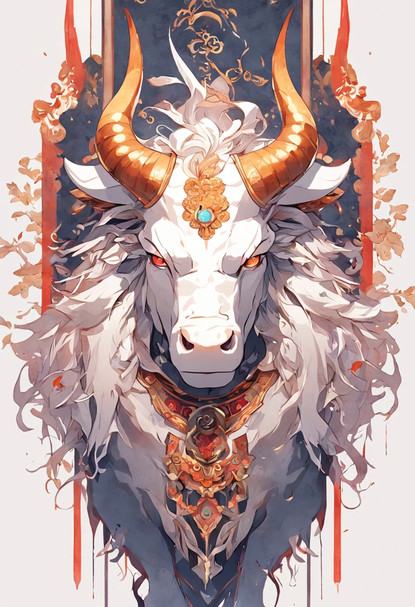 (White background:1.4),(Symmetrical:1.5),(masterpiece bull head, In the middle,  Oriental elements),（China - chic illustration:1.2, Vector painting:1.2),(Chinese colors,senior color matching),( reasonable design, Clear lines, High sharpness,best quality, Very detailed, masterpiece, official art, movie lighting effects, 4K )