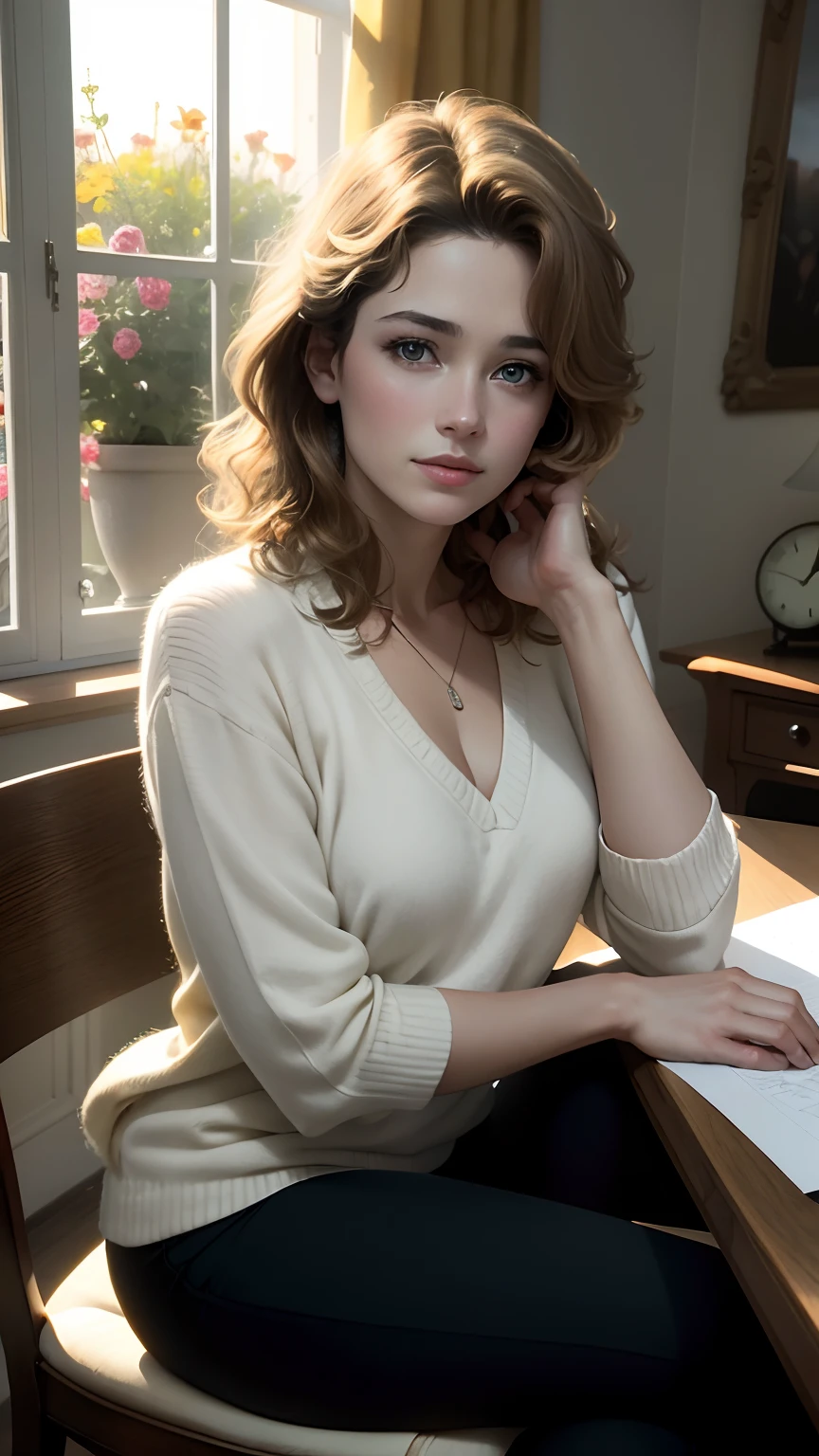 Beautiful and elegant French girl,Twenty-two years old, Actress Sophie Marceau，（The face looks like Sophie Mapuis），Short golden-brown hair，A shallow smile,（Blue affectionate eyes）,（Very detailed and perfect facial depiction）, Sit in the antique study，Side view，looking lovingly at the viewer，A hint of melancholy，Milky white sweater，Black Capri pants，Study desk，vases，hanging lights，The setting sun shines obliquely through the glass windows，Autumn tones,(A variety of flowers:1.1),（light and shadow effect），（Light particle tracing），（vivd colour）,（Obvious layers）,（Photography Award）,（8k wallpaper）,（Masterpiece）,（best qualtiy）, photorealestic，realisticlying