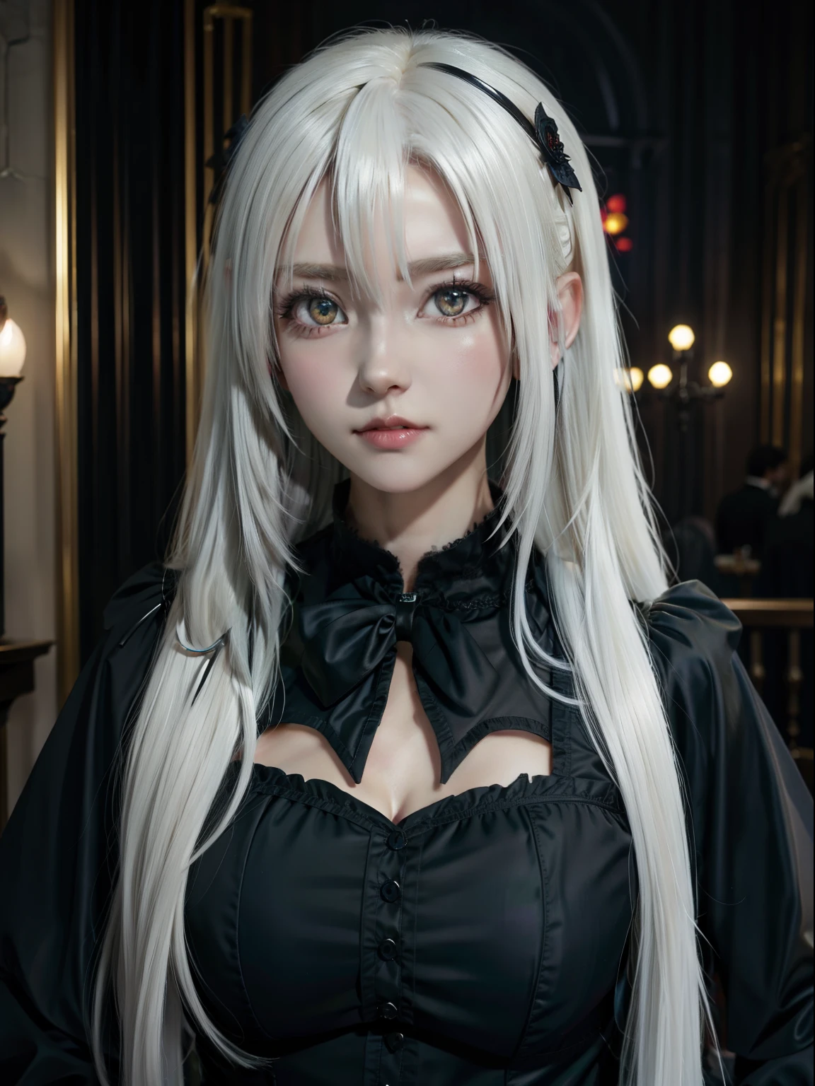 Kizi，Long white hair，Golden eyes，Gothic loli costume