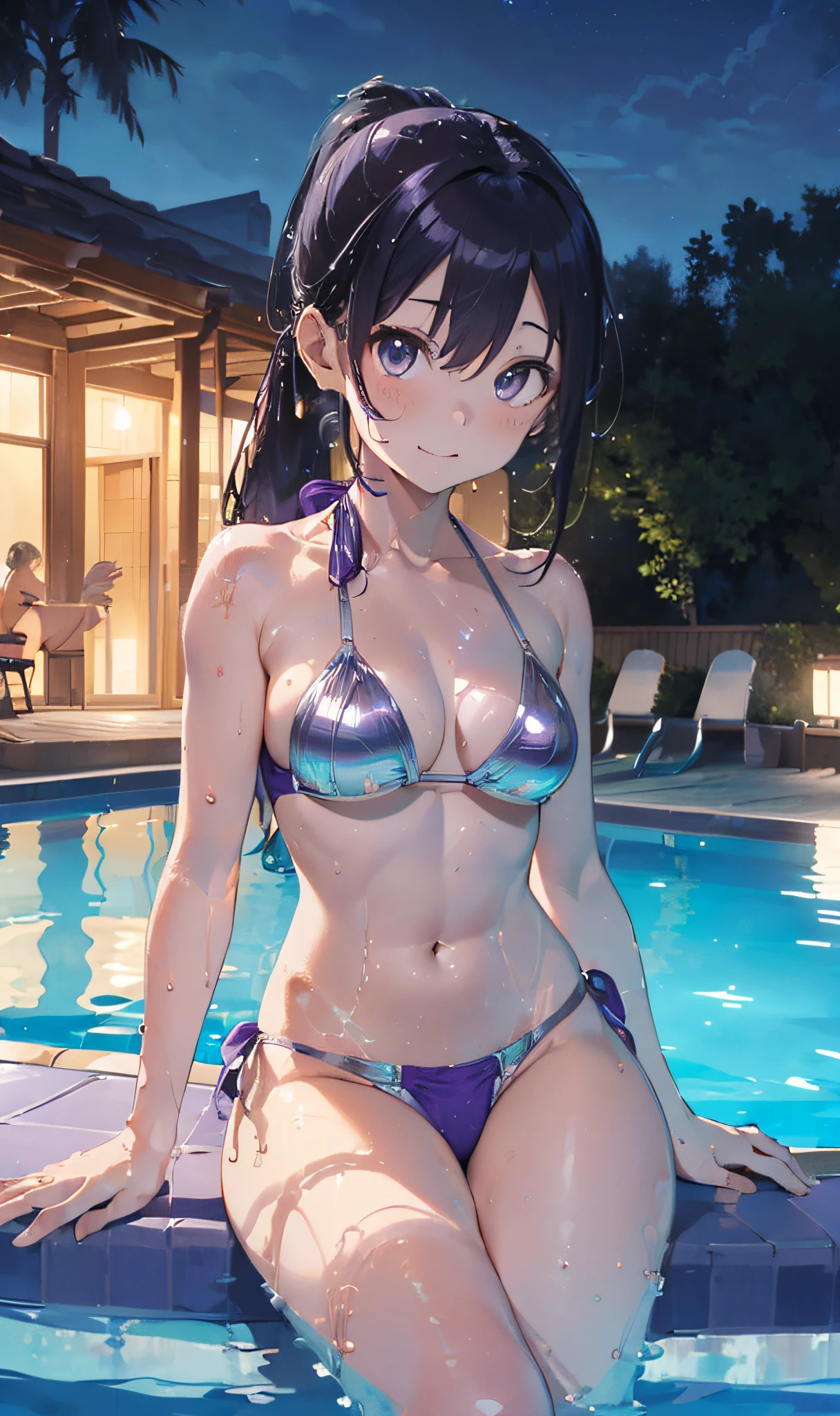 (Master masterpiece:2)、(((extremely fine and beautiful)))、(((The ultra -The high-definition)))、(Ultra-high power of 8 kilometers:2)、(Wet girl:1.4)、(Clarity Metallic Purple Brazilian Bikini:2)、(medium large breasts)、(Transparent skin:1.6)、(Long ponytail hair:1.8)、(Beautiful eyes:1.8)、、(Nominal body type)、(Glamorous:1.4)、(musculature:1.4)、(Thin thighs:1.6)、(Thin leg:1.6)、(A smile)、perfectly proportions,Correct anatomy、Good anatomy、(Correctly drawn limbs:1.6)、(Pose to sit by the pool at night:1.4)、Dynamic Angle、 (luminism),