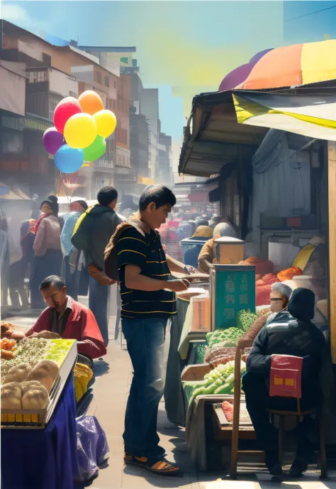 draw a man standing in front of a food stall with a balloon, the vibrant echoes of the market, market, street vendors, busy mark...