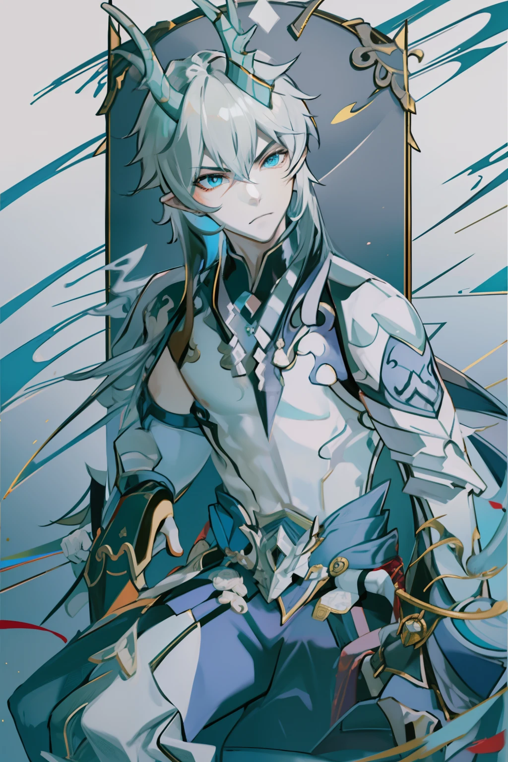 (absurderes,A high resolution,Hyper-detailing,hdr),Dragon's ounge boy,tmasterpiece,best qualtiy,1人,独奏,Handsome,Golden eyes,Fine eyes and detailed face,toppless,Tattooed with,arma,seated on a throne,Indifferent and arrogant,Abs,chest muscle,Raised sexy,Rian,Show your temperament,Male,masculine appeal,Male characteristics are distinct,Long messy hair,Arrogant,self-assured,Sing majestically on the throne,Legs crossed,white pantie,supreHandsome,