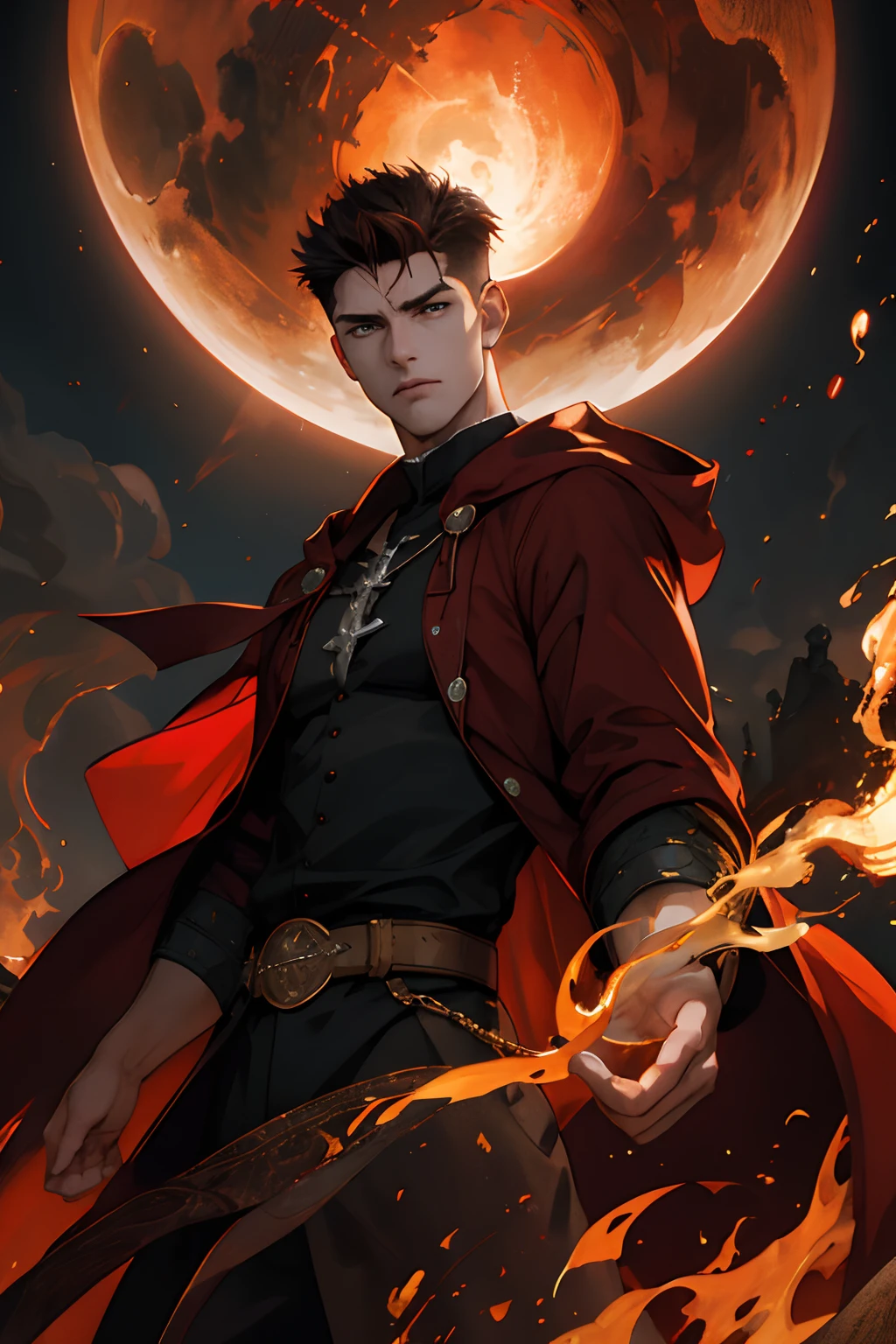 (absurdres, highres, ultra detailed), 1 male, 20 year old mature, young, handsome, tall muscular guy, broad shoulders, very short hair, undercut, brown hazel eyes, finely detailed eyes and detailed face, extremely detailed CG unity 8k wallpaper, intricate details, (style-swirlmagic:0.8), portrait, looking at viewer, solo, (full body:0.6), dynamic pose, detailed background, madness in eyes, hovering in the air, good to the core, red clouds, casting a spell, fireball, hooded dark robe, dark circlet, warhammer theme, bringer of the false light, dark clouds, floating pieces of dirt, decadence, evil energy emanating, dark aura, broken shackles, , cowboy shot, undercut hair, brunette hair, hogwart legacy vibe, hogwart vibe.