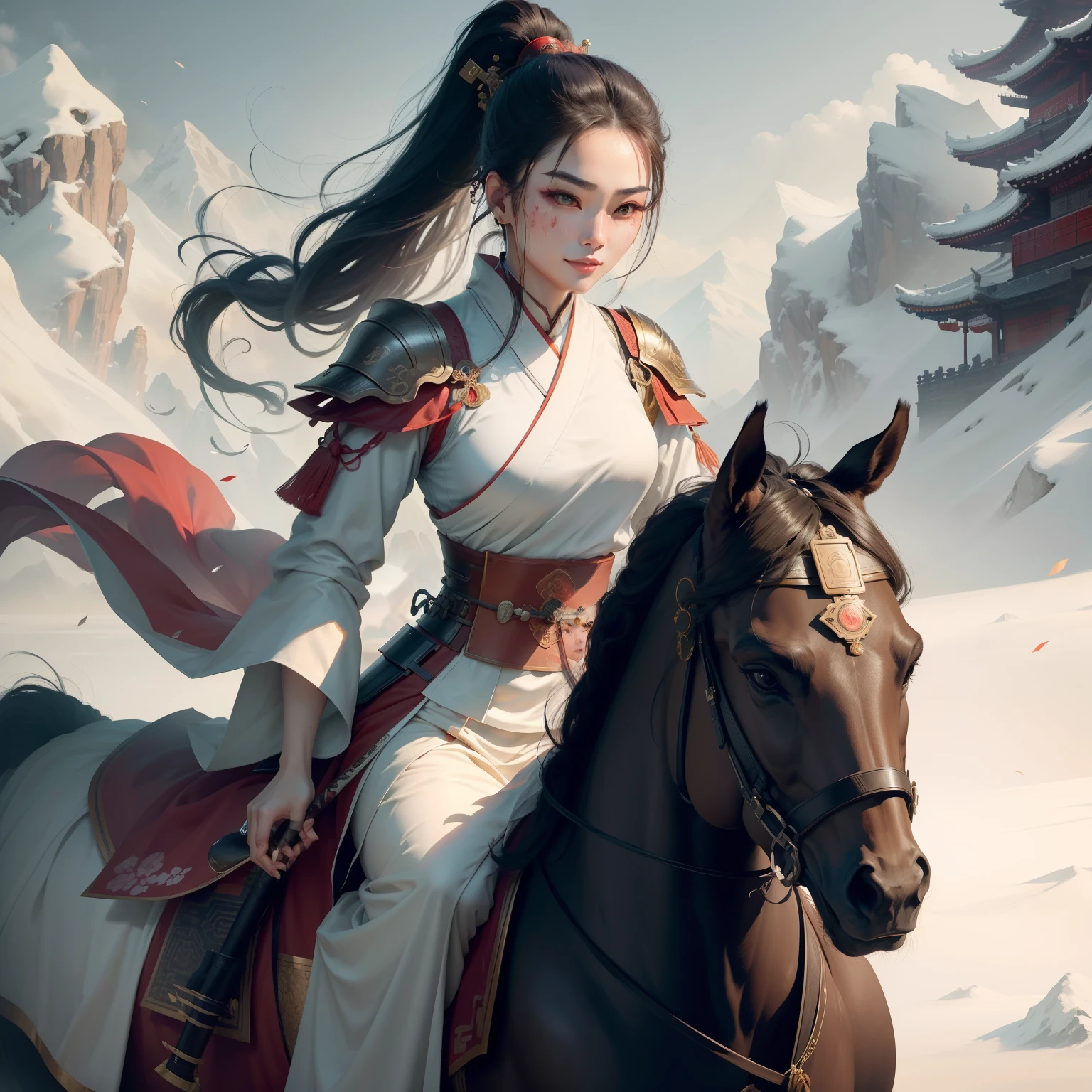 A beautiful Chinese girl on a horse,Apricot eyebrows,Smile confidently,Slightly bloodstained on his face。The girl saber at her waist,Bundle high ponytail,The hair is black,No hair ornaments on the head,Wearing black Hanfu,Hanfu style is simple,Wear armor。Girl in winter ancient Chinese battlefield,There are tall mountains in the distance
