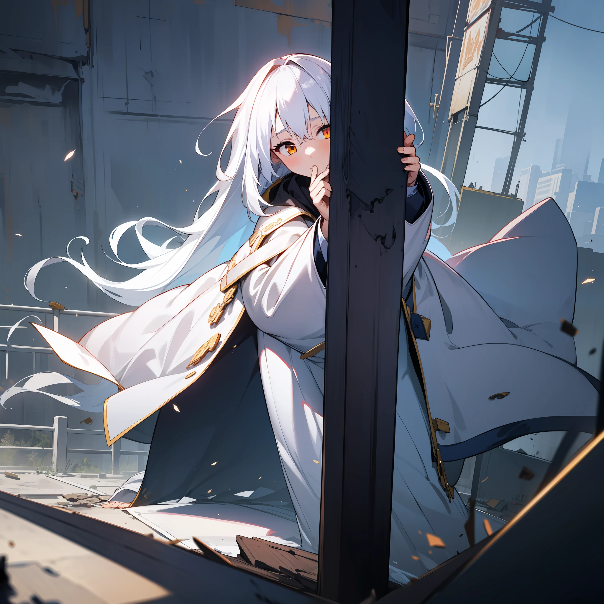 teens girl，White hair and golden eyes，long whitr hair，Stand on top of an abandoned building，The long sword floated to his side，Wearing a wide plain white trench coat，Wear a hood，looking down on the camera，face expressionless