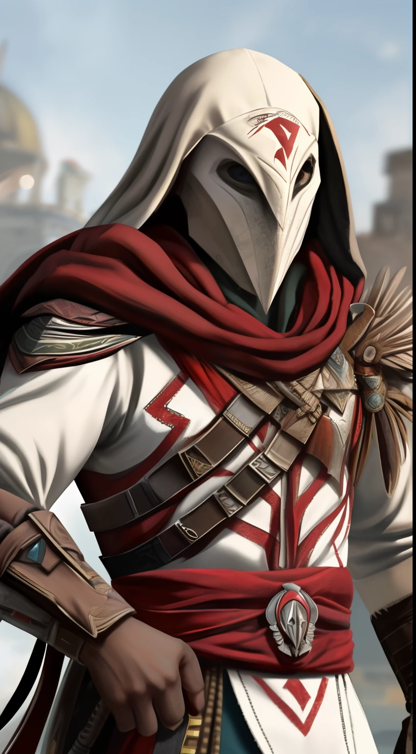 "personagem masculino, Using hawk head eye mask with realistic details, vestindo um casaco comprido com capuz em estilo assassins creed, capa longa de penas, combatente noturno, bounty hunter."