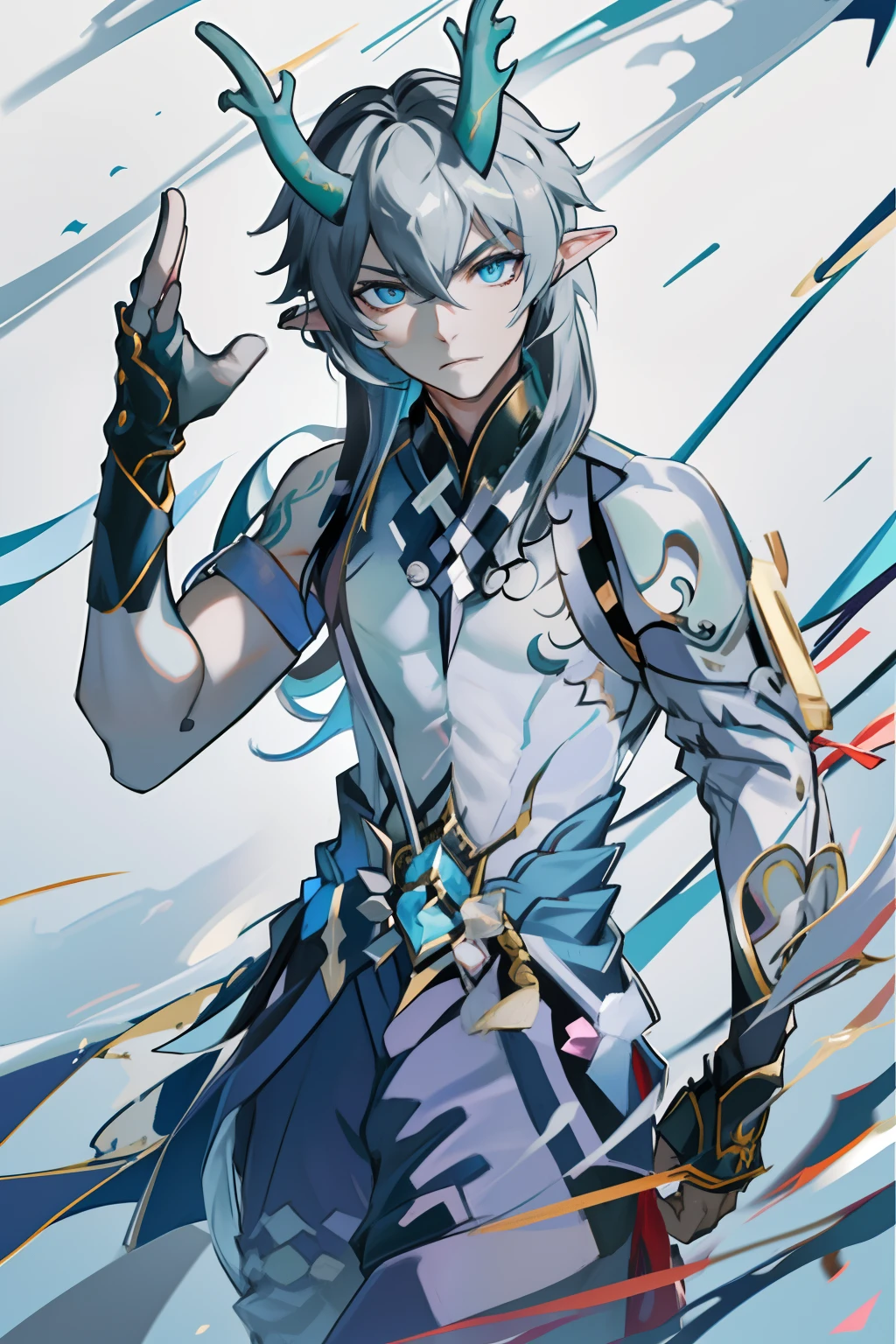 (absurderes,A high resolution,Hyper-detailing,hdr),Dragon's horn,younge boy,tmasterpiece,best qualtiy,1人,独奏,Handsome,Golden eyes,Fine eyes and detailed face,toppless,Tattooed with,arma,Pondering,Indifferent and arrogant,Abs,chest muscle,Raised sexy,Ruffian,Show your temperament,Male,masculine appeal,Male characteristics are distinct,Long messy hair,Arrogant,self-assured,Pondering,Legs crossed,white pantie,supreme,Lazy,Handsome,Snow