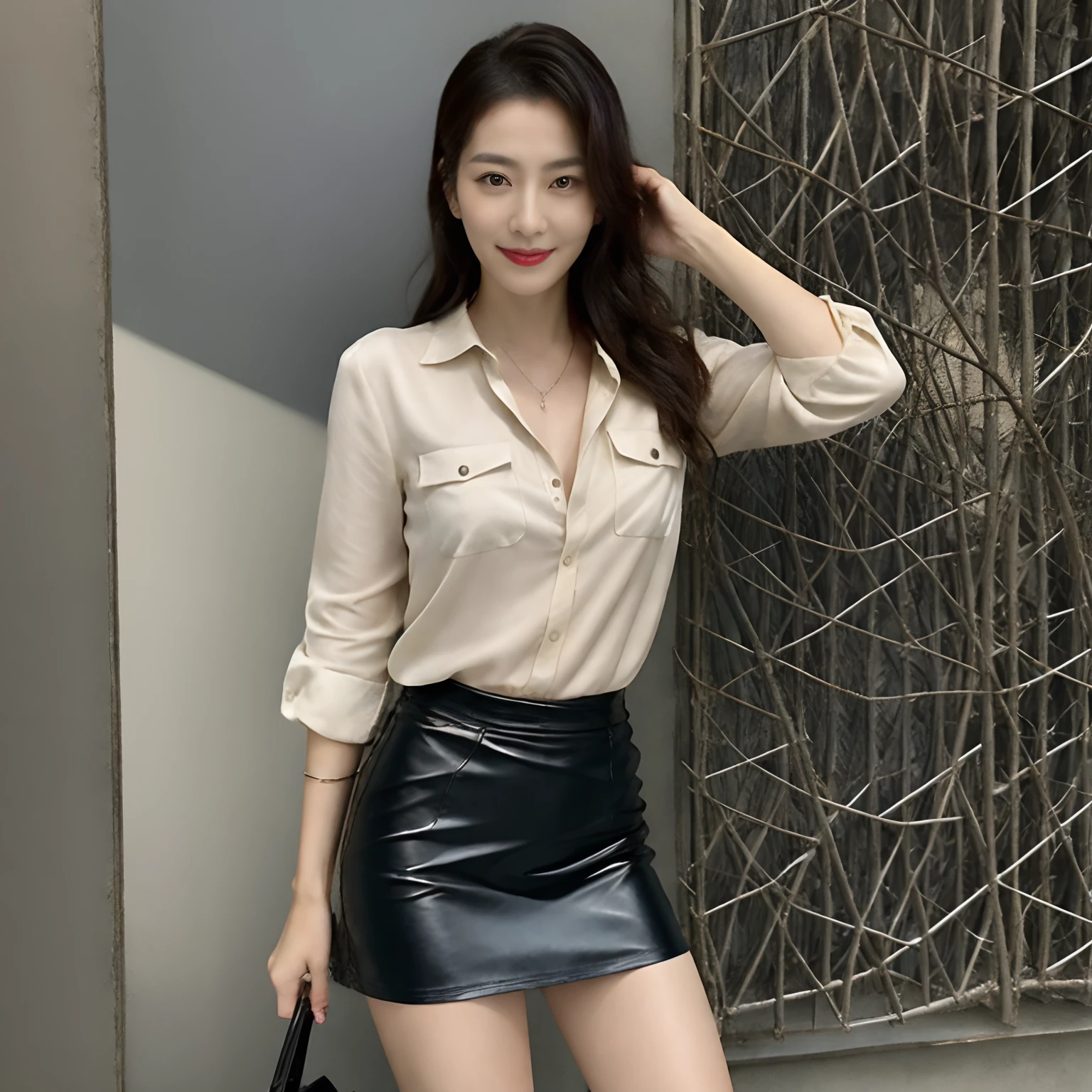 Japan woman in silk shiny silver shirt and leather black tight skirt poses for photo,