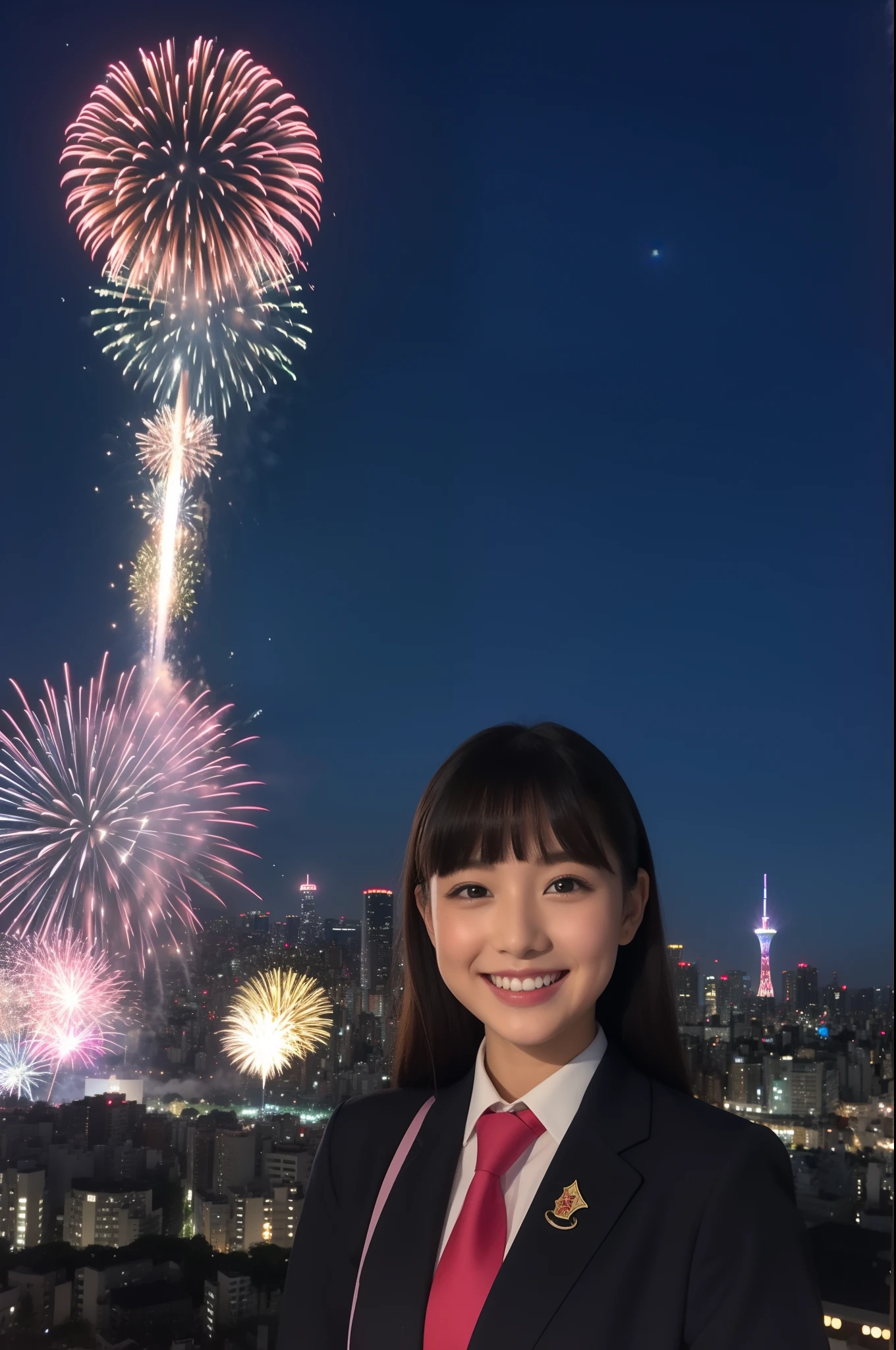 A smile、hi-school girl、校服、While doing fireworks、mare、Tokyo Skytree