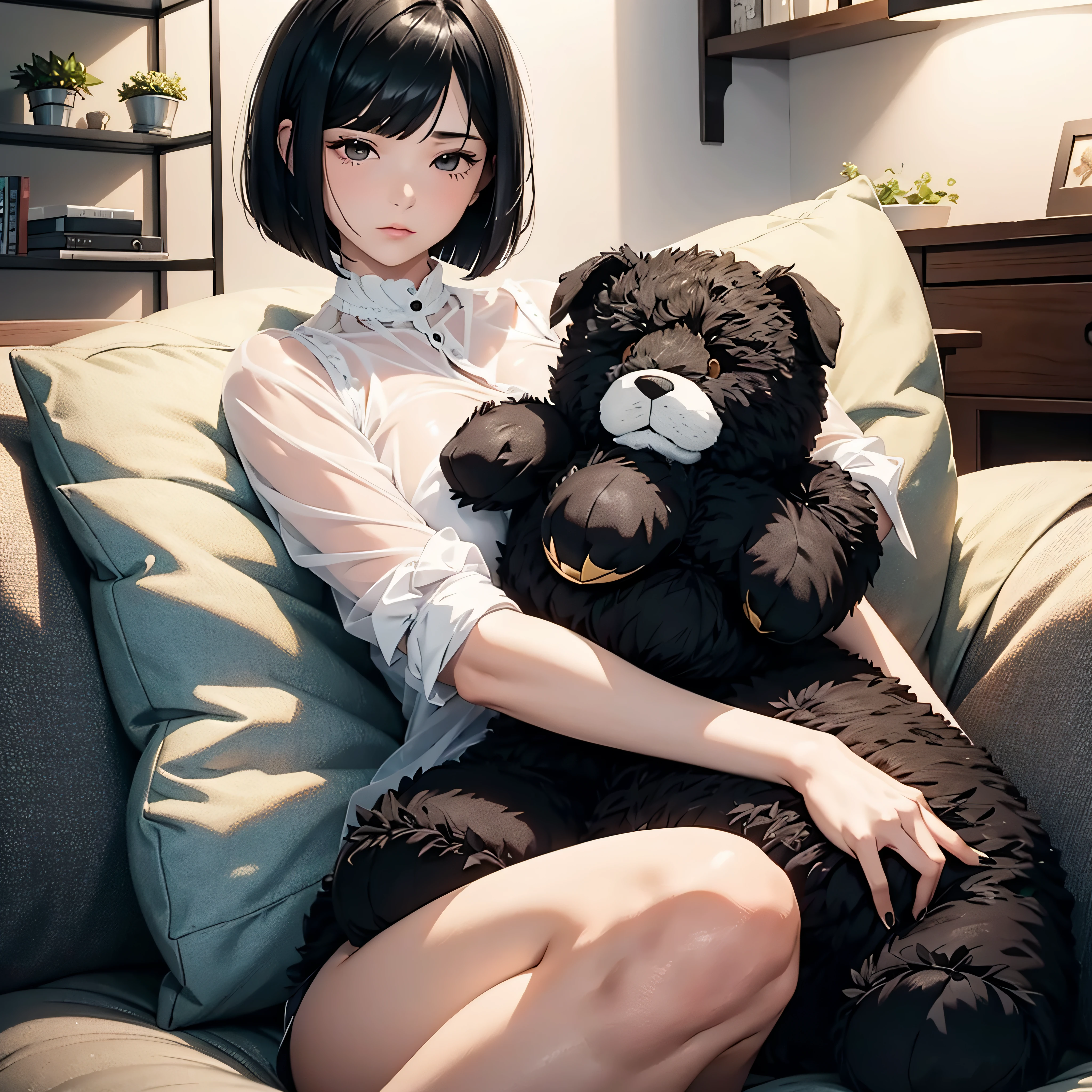 A beautiful beautiful woman with black hair bob cut is dozing off holding a big stuffed animal、Masterpiece、realisitic