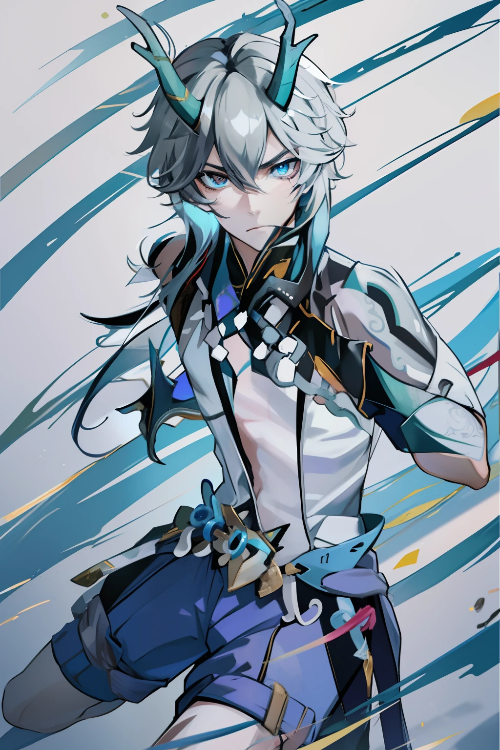 (absurderes,A high resolution,Hyper-detailing,hdr),Dragon's horn,younge boy,tmasterpiece,best qualtiy,1人,独奏,Handsome,Golden eyes,Fine eyes and detailed face,toppless,Tattooed with,arma,Pondering,Indifferent and arrogant,Abs,chest muscle,Raised sexy,Ruffian,Show your temperament,Male,masculine appeal,Male characteristics are distinct,Long messy hair,Arrogant,self-assured,Pondering,Legs crossed,white pantie,supreme,Lazy,Handsome,