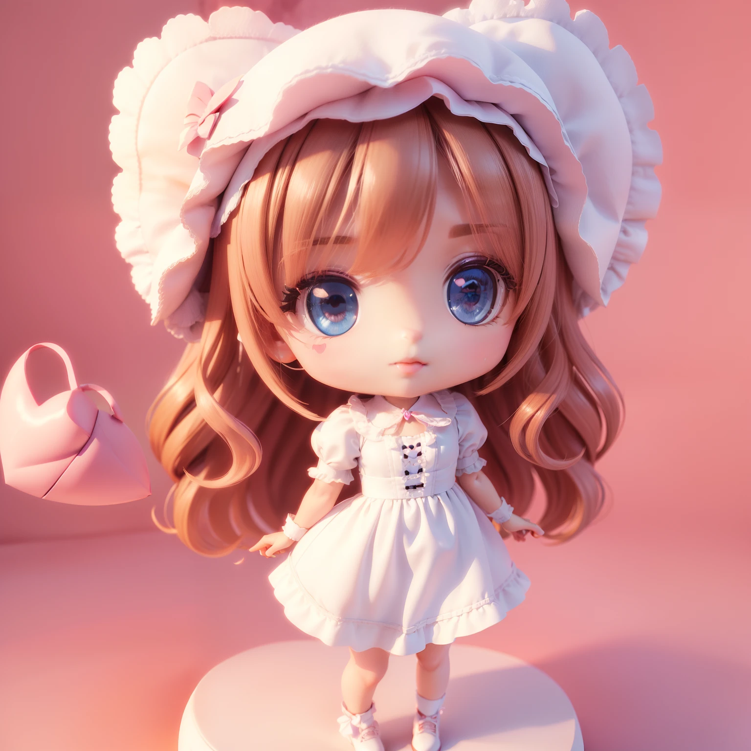 ((((chibi3d))) Best Quality), (masutepiece)、The girl is Russian with big blue eyes、Wavy bob hairstyle with brown hair、The figure is very slim、The best smile、Blanc Women's White Lace Blouse, Offshore style, White Skipper Dress, Shirt、(Shape the heart by hand:1.5)doe、The background is the interior of a cute pink café、Coming out of the hands(Heart-shaped beam is fluffy:1.2)
