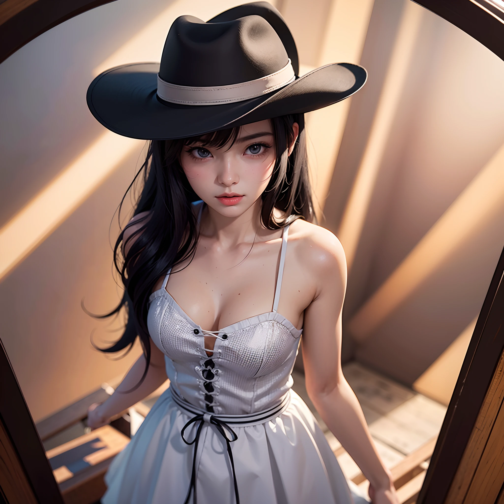 1 girl , solo , beautiful, half body potrait, holding a cowboy hat, ribbon, black hair, eye reflection, first-person view, Wide-Angle, anime style, reflection light, ray tracing, UHD, 4K