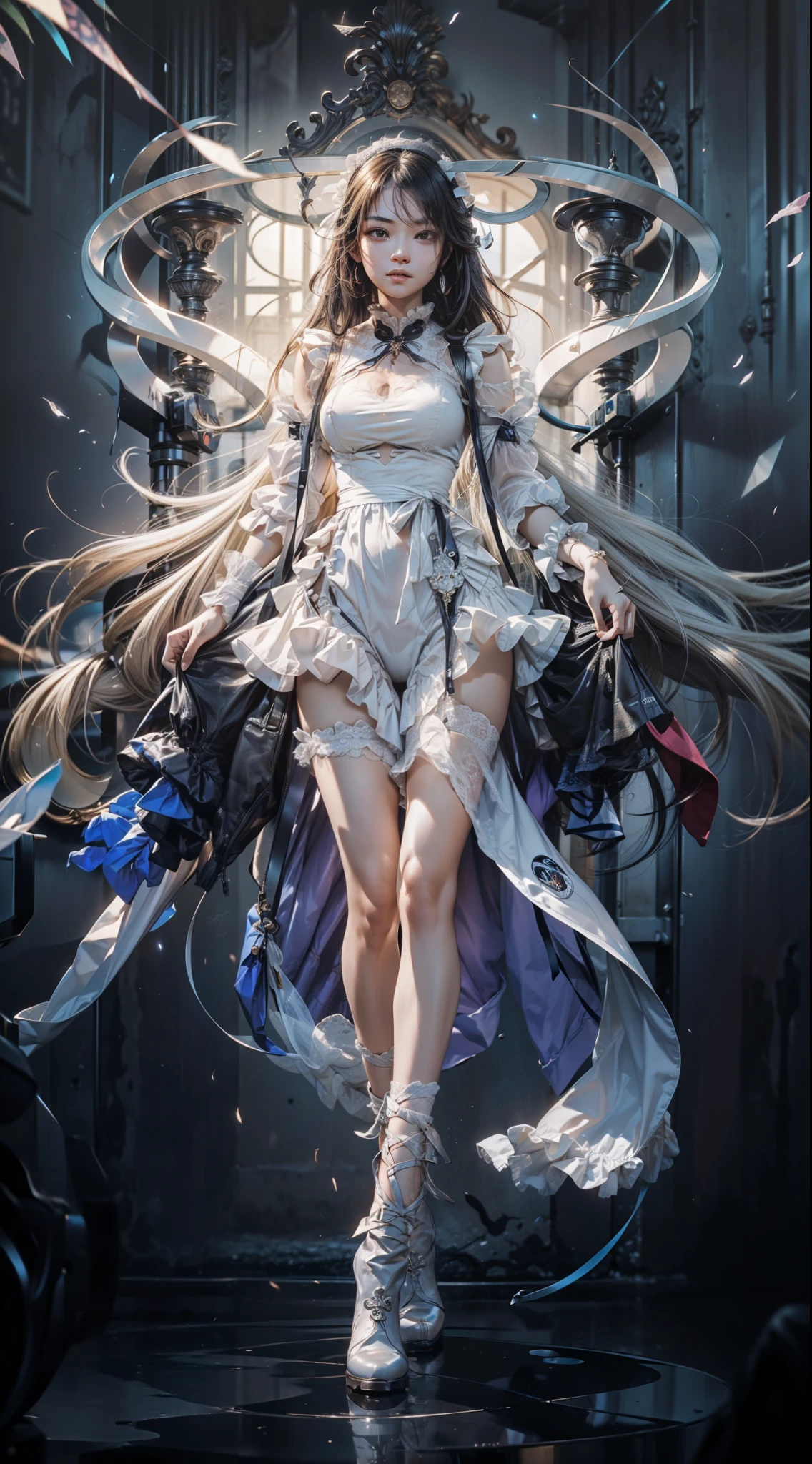 (SFW, NSFW_STILL_SHOW), Oppai-Loli、((wide-angle, Flying Magic、Floating hair、Floating in the air, Curved horizon, Overlooking a city eroded by the jungle,Above the city)), { (Mystic sight)| best quality | 8k | clear |focused } (Masterpiece:1.2, photo-realistic:1.37)、{ Soft Lighting with many Follow lights | smooth shading }、(Detailed KAWAII Face)、{(Childish)|(Gigantic Cleavage)}、(Detailed glistening ivory skin)、extremely detailed, { Naked bandage | Transparent Veil | Red Leather High Collar | Red Long Boots | rubber sole | Random hair color }, { correct legs | correct hand | correct fingers | feminine hands | perfect anatomy | no missing limbs | no extra limbs }, ((correct anatomy),
