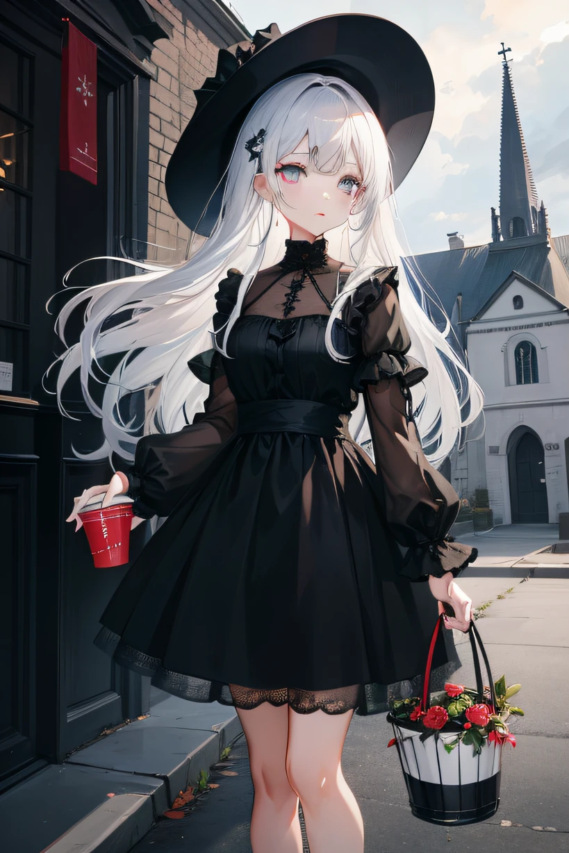 Painting of a cute girl. Wearing a black dress full of lace. Her hair is white, eyes are red. Holding a bucket in her hand. Church is the background. Cloudy weather