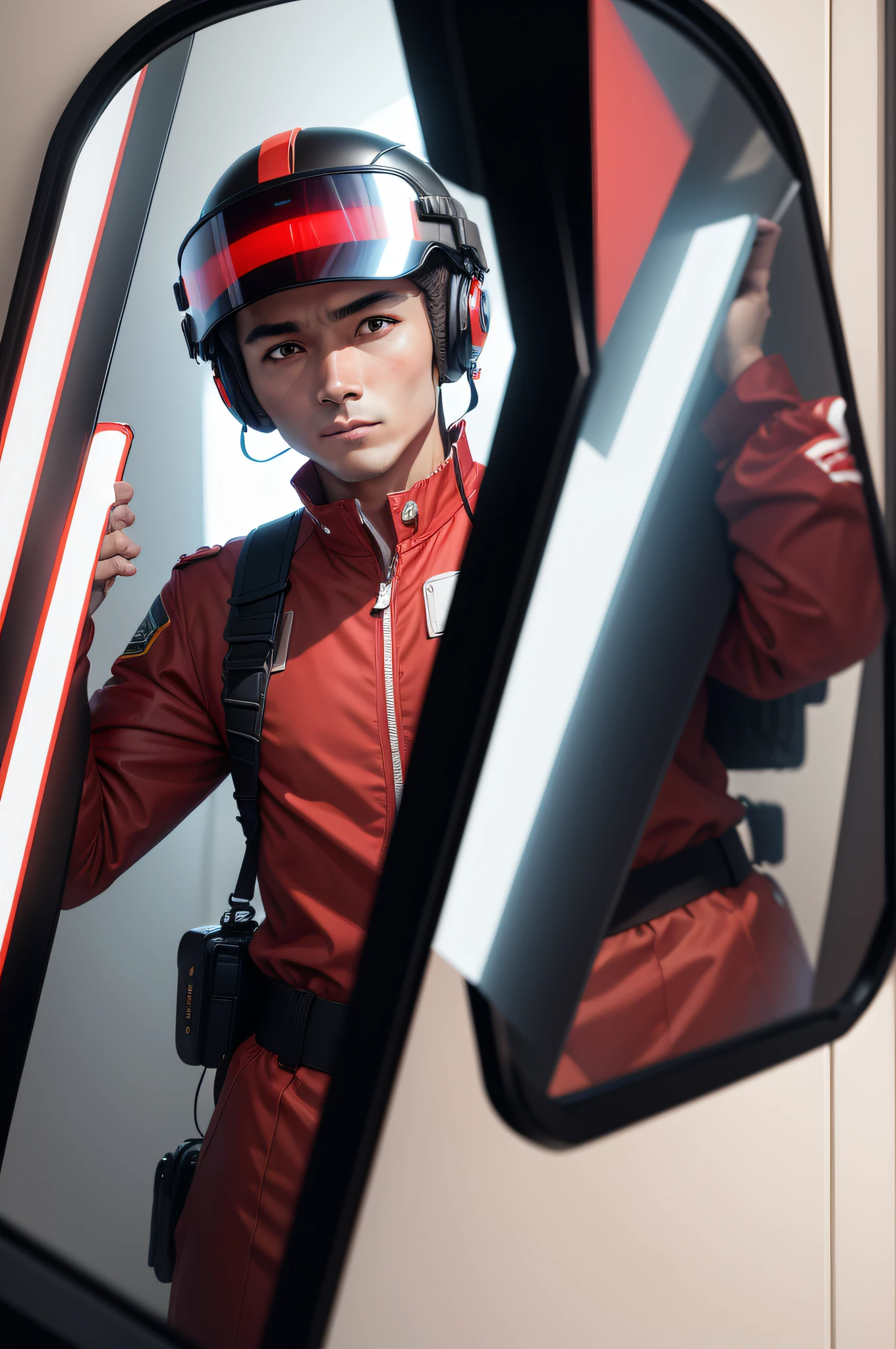 there is a man taking a picture of himself in a mirror, 8k selfie photograph, reflection of phone in visor, Phone!! held up to visor, 2 , inspired by Cheng Jiasui, in flight suit, Wearing a red captain's uniform, personal profile picture, 🕹️ 😎 🚬, helmet on, 2 8 years old