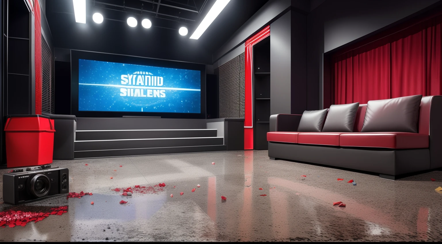 Best quality, ultra high res, (photorealistic:1.4), hdr, hyperdetailed. Empty scenery of syndicated talk show. Lights off. Camera off. Filming equipment. "Darkness". Dark scenery. Ended tabloid talk show. Tabloid talk show. Game show. Sequins. "Trash on the floor". Mountains of rubbish. Rubbish. TV studio. Television show. Sunday morning talk show. Spoiled food on the floor. Dirty floor. A lot of space. Red and grey colors in interior design. Very rich production, many details, cameras in the shadows.