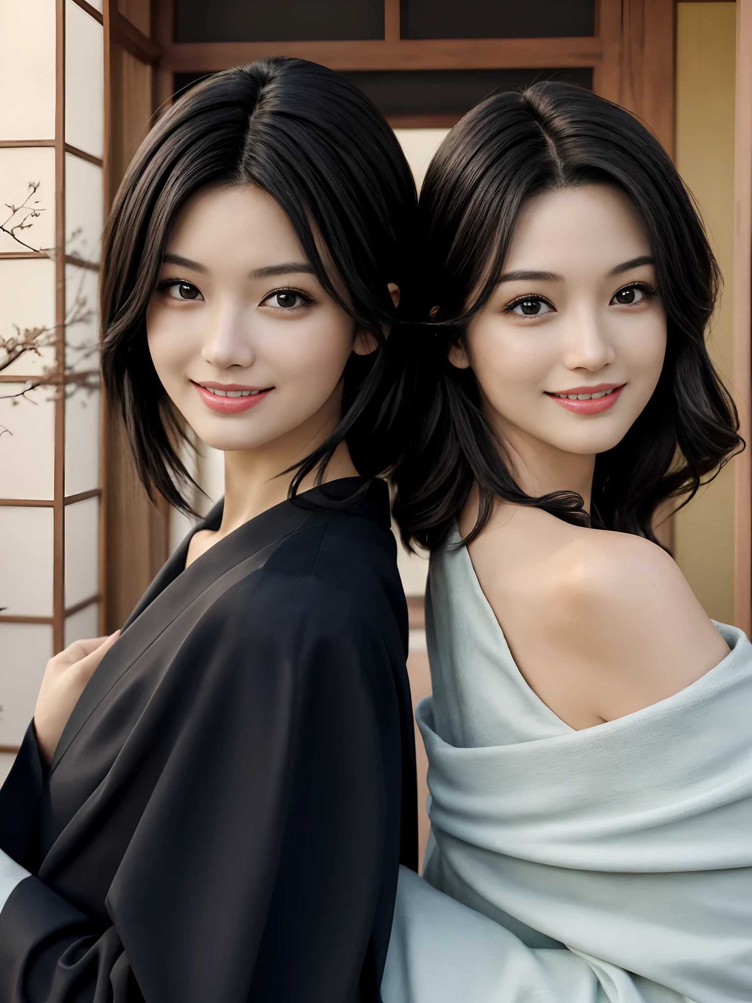 (super model,s the perfect face,hyper realisitc:1.2),Photorealsitic,highly detailed,illustratio,detailed back ground,Light smile,cheerfulness,8K,best qualtiy,tmasterpiece,highest quality,(s the perfect face),(high detal),dynamicposes,oilly skin,paleskin,looking at viewert,Japan Household,Tall mom poses with short son,The mother is 24 years old,The son is 6 old,Mom has short shoulder-length black hair,The son's hair is particularly short