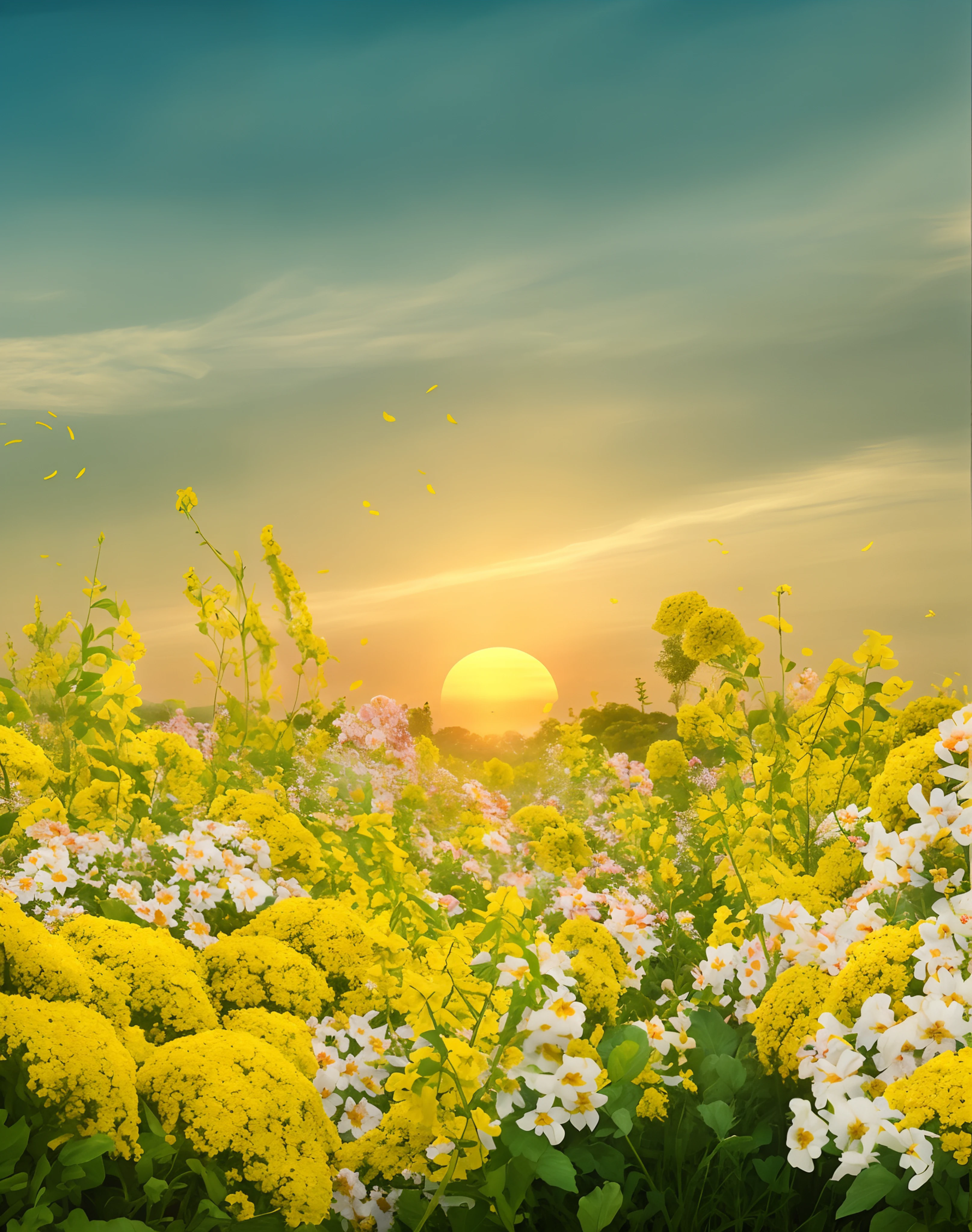 painting of a field of flowers with a sunset in the background, flores brancas com miolo rosa, campo de fundo das flores, O Brilhante Amanhecer no Prado, floral sunset, flor natural do fundo, bright sunny summer day, cena quente e bonita, background is celestial, beautiful high resolution, fundo dourado da hora, Summer Morning Flower Garden, an aesthetic field of flowers, Atmosfera floral, fundo da natureza, fundo da flor