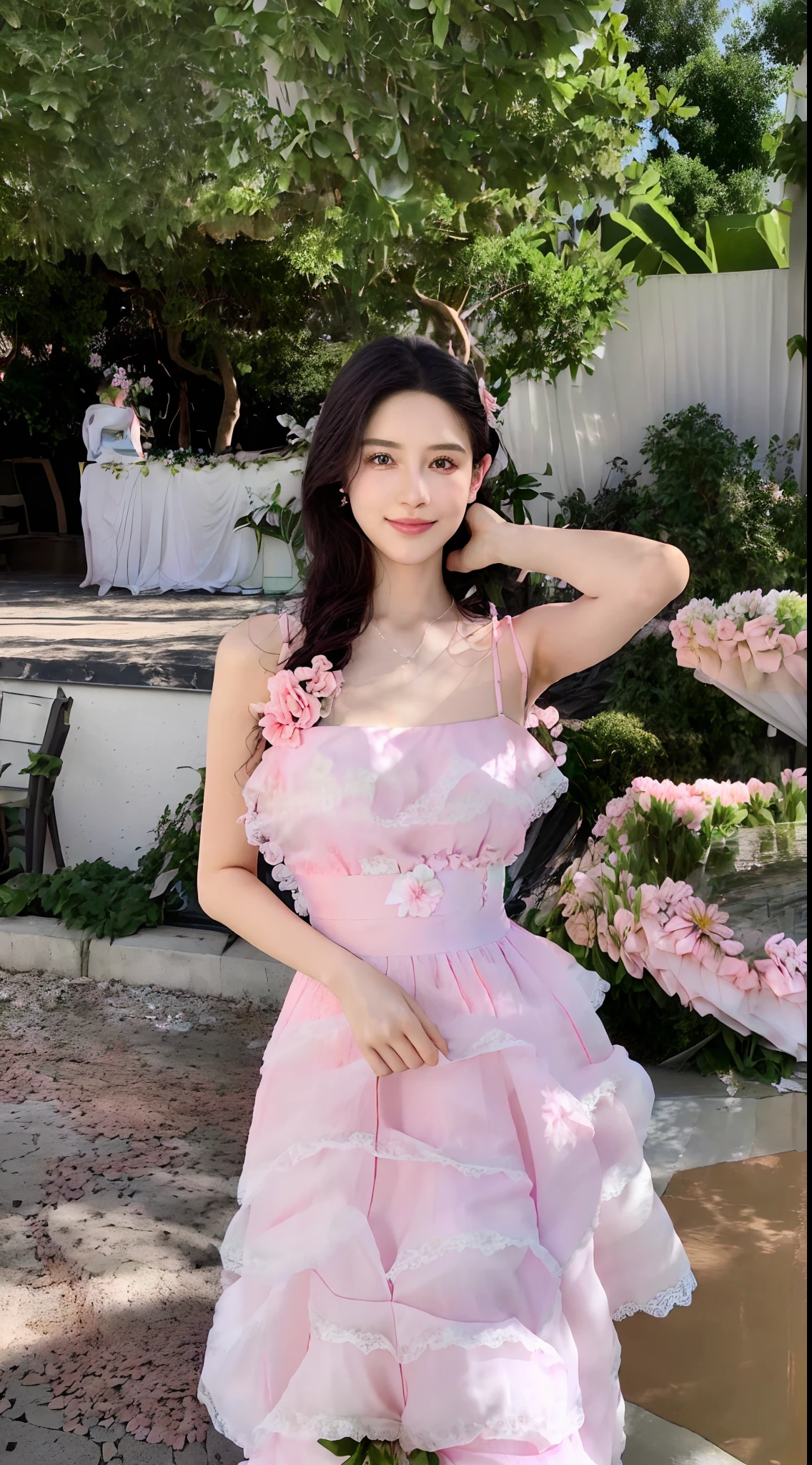 Alafi woman in pink dress poses in front of a flower pot, wearing pink floral gown, Romantic dress, rococo ruffles dress, flowery dress, Flower dress, wearing a long flowery dress, wearing in a summer dress, wearing organza gown, lady with glowing flowers dress, floral dream, Gorgeous lady, floral clothes, imagem de qualidade alta