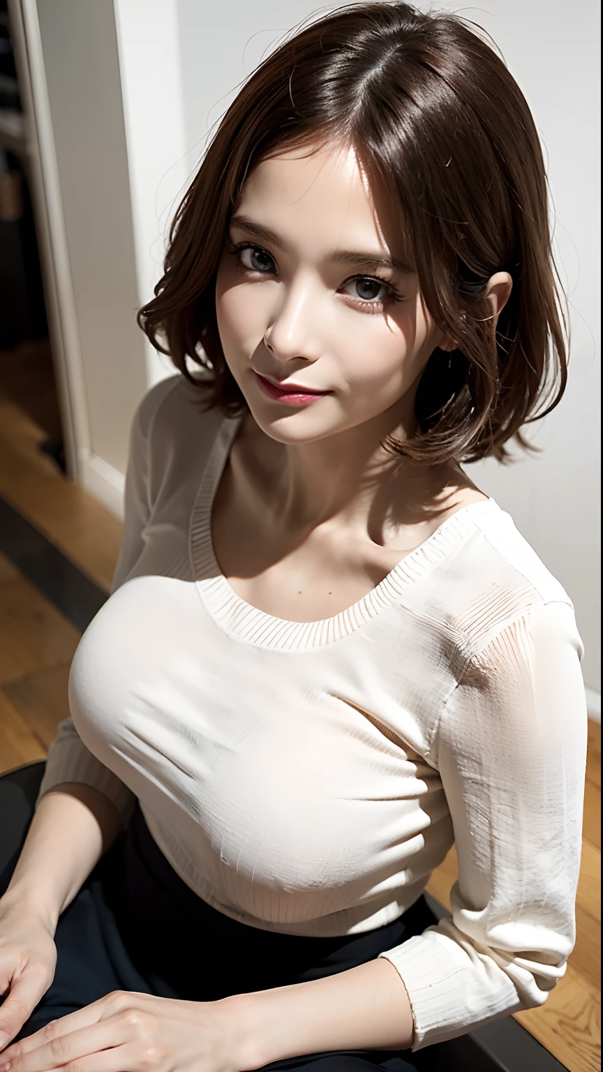 (Best quality, 8k, 32k, Masterpiece, UHD:1.2),Photo of Pretty Japanese woman, large breasts, very short bob hair,upper body,face focus,oversized_sweater, necklace, simple background, from above, looking at viewer,
