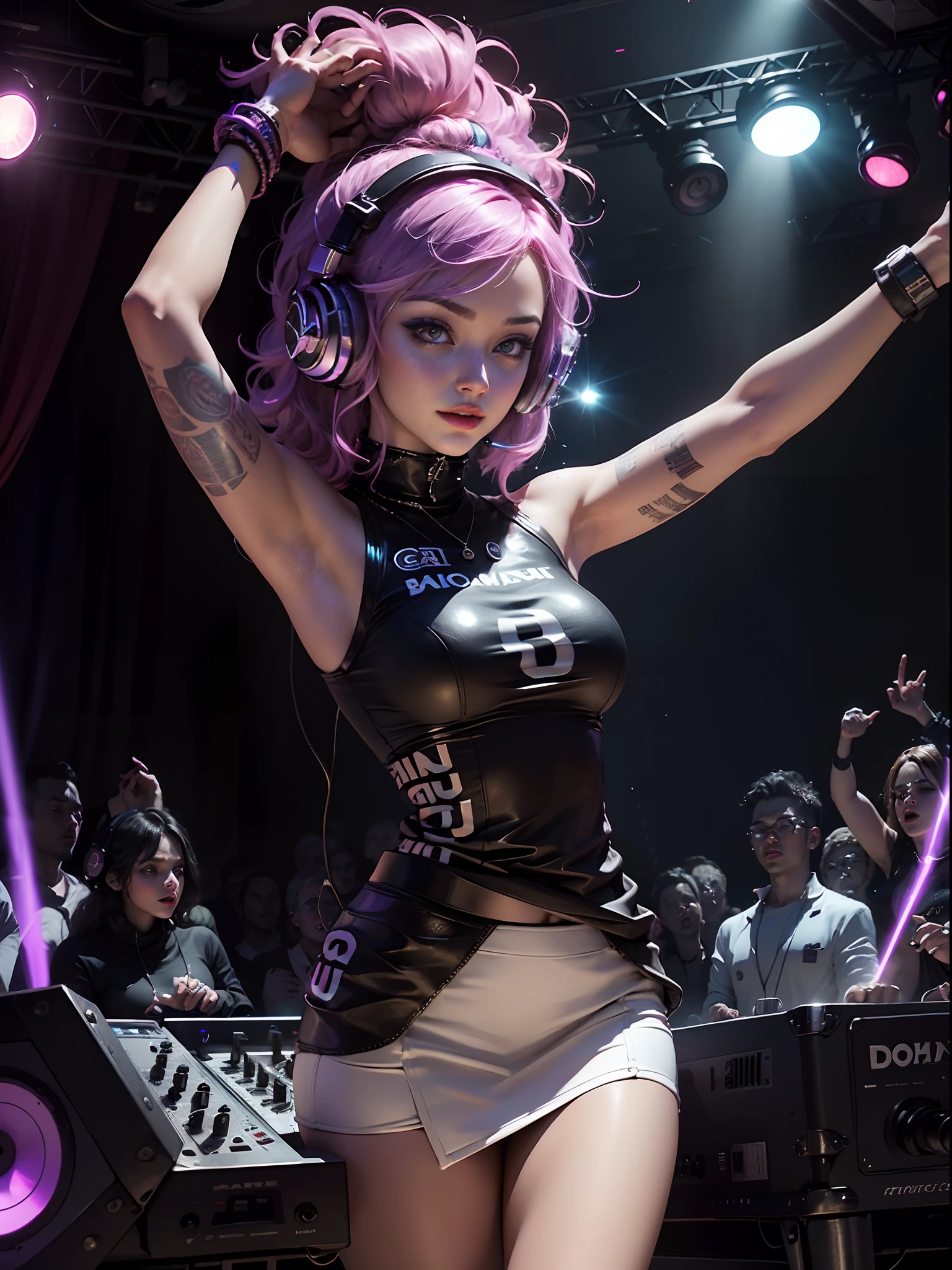 "(((A female DJ))),(Huge speakers on stage,Color luminescent mixer,Female DJ at work,Serious work,DJing,tuning,),(Exquisite facial features,big breasts beautiful,adolable,Black leather skirt,Playful accessories,DJ headphones,The headphones glow,Eccentric,vivaciousness,Expressive,Raised sexy),((Face the dance floor audience below)),Music Clubs,lamplight,night club,Independent cinema,DJ facing the dance floor,LED.Underground banquet hall,Highest quality,Skin texture,Intricate details,(Cinematic lighting),RAW photo,8K。"