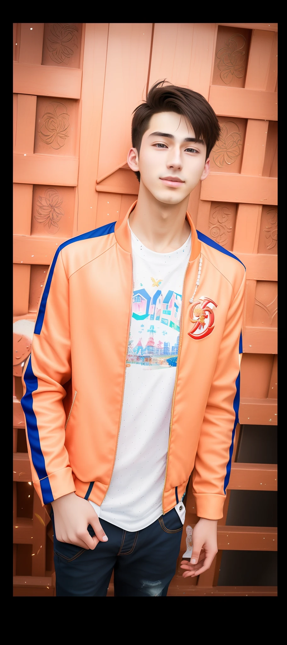 Gorgeous 20-year-old boy in an amusement park, happy, broad shoulders, clear focus (clutter - house: 0.8), (masterpiece: 1.2) (Realistic: 1.2) (anime) (Best quality) (Detailed skin: 1.3) (Intricate details) (4K) (Detail eyes) (Sharp focus), (Happy)