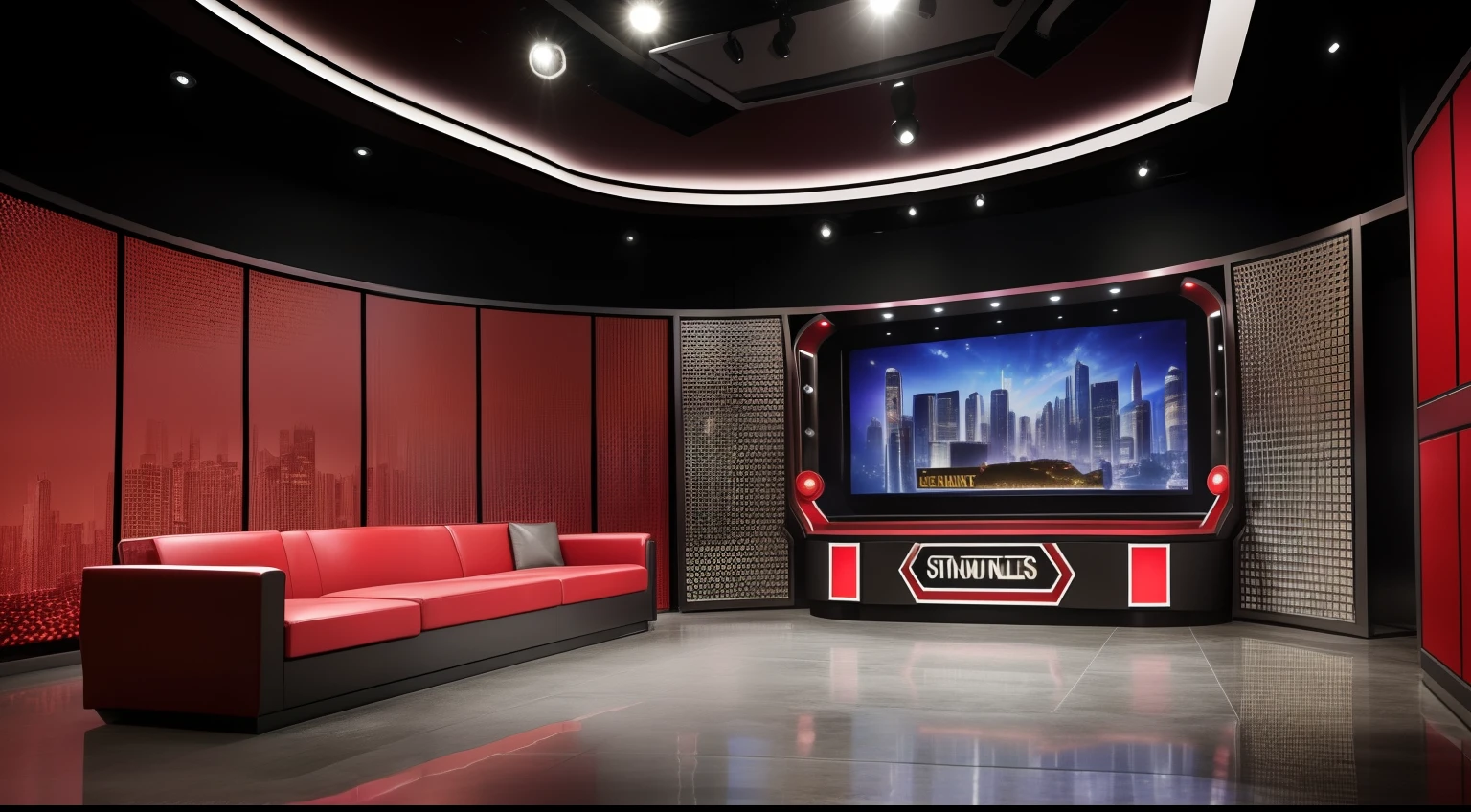 Best quality, ultra high res, (photorealistic:1.4), hdr, hyperdetailed. Empty scenery of syndicated talk show. Lights off. Camera off. Filming equipment. Darkness. Dark scenery. Ended tabloid talk show. Tabloid talk show. Game show. Sequins. "Trash on the floor". Mountains of rubbish. Rubbish. TV studio. Television show. Sunday morning talk show. Spoiled food on the floor. Dirty floor. A lot of space. Red and grey colors in interior design. Very rich production, many details, cameras in the shadows.