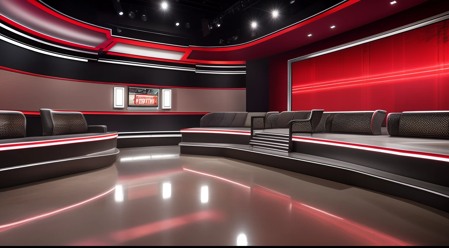 Best quality, ultra high res, (photorealistic:1.4), hdr, hyperdetailed. Empty scenery of syndicated talk show. Lights off. Camera off. Darkness. Ended tabloid talk show. Tabloid talk show. Game show. Sequins. Trash on the floor. Mountains of rubbish. Rubbish. TV studio. Television show. Sunday morning talk show. Spoiled food on the floor. Dirty floor. A lot of space. Red and grey colors in interior design. Very rich production, many details, cameras in the shadows.