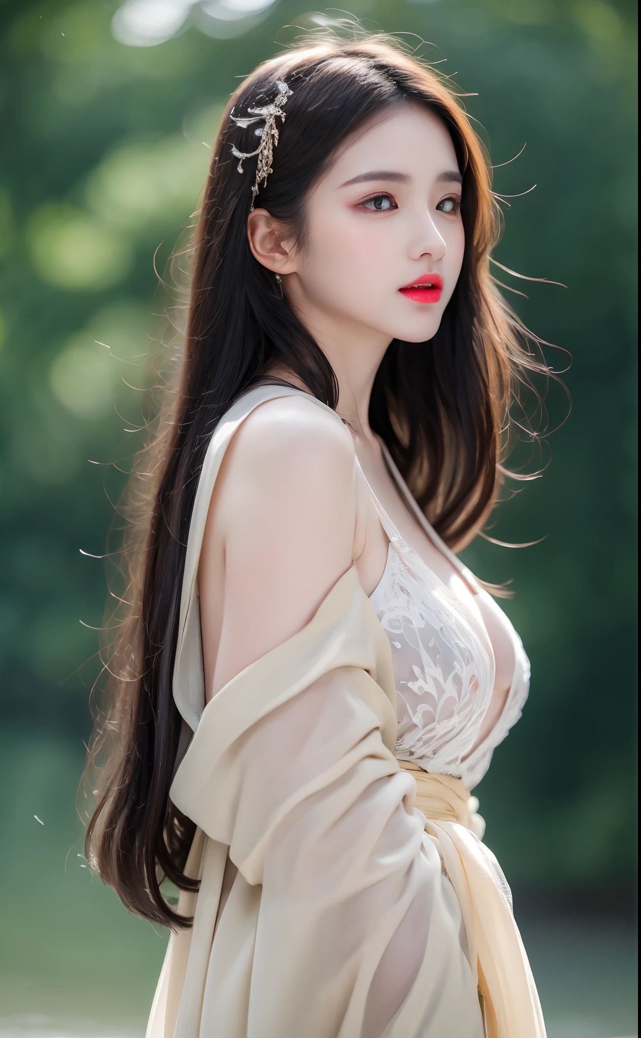 ((Best Quality, 8k, Masterpiece: 1.3)), Focus: 1.2, Perfect Body Beauty: 1.4, Buttocks: 1.2, ((Layered Haircut)), (Wet Clothes: 1.1), (Rain, Street:1.3), (Breasts: 1.2), (Hanfu: 1.2), Bare Shoulders, Bare Legs, Highly Detailed Face and Skin Texture, Fine Eyes, Double Eyelids, Whitened Skin, Long Hair, (Shut Up: 1.5), (Bokeh Background: 1.5), Big Breasts