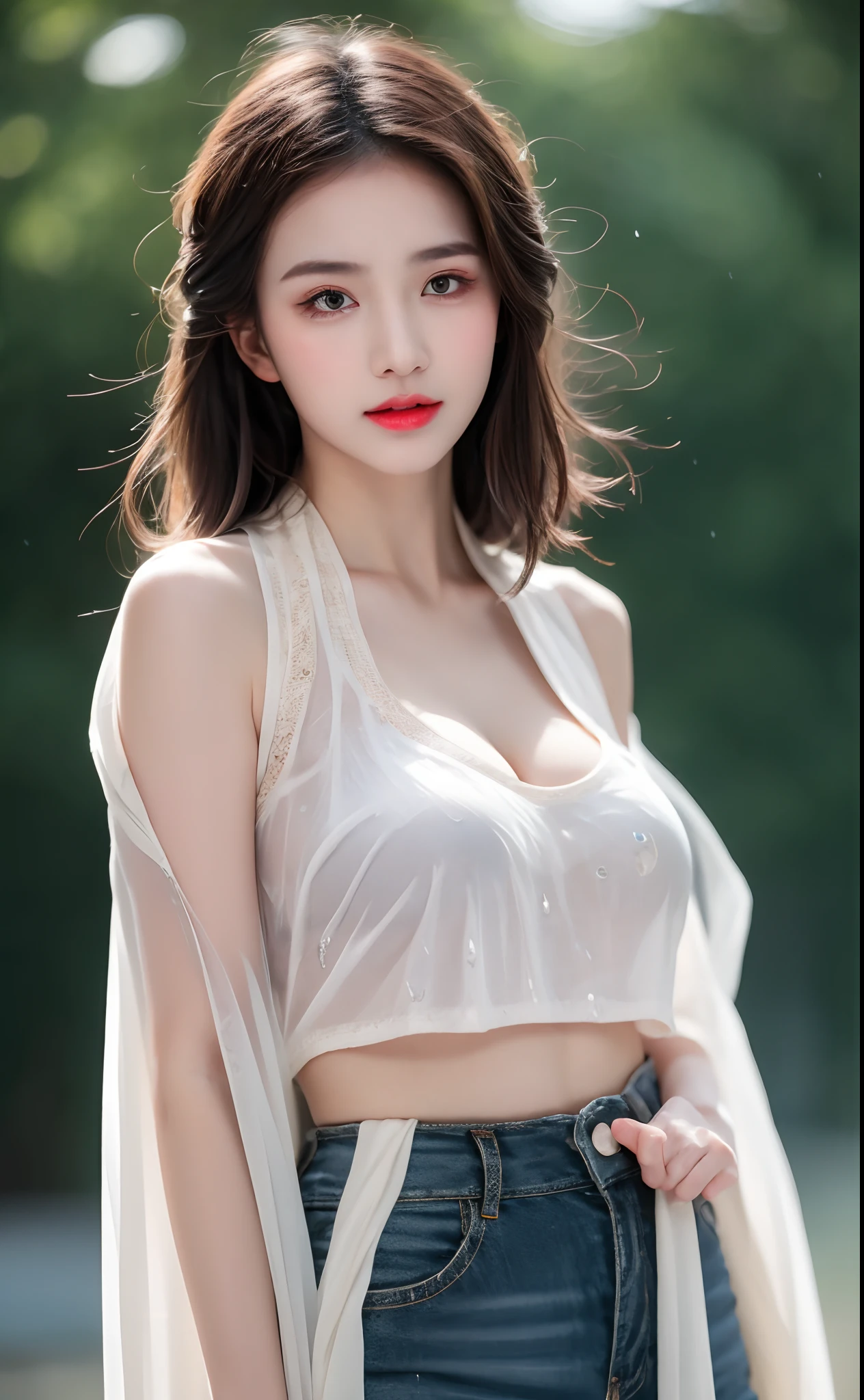 ((Best Quality, 8k, Masterpiece: 1.3)), Focus: 1.2, Perfect Body Beauty: 1.4, Buttocks: 1.2, ((Layered Haircut)), (Wet Clothes: 1.1), (Rain, Street:1.3), (Breasts: 1.2), (Hanfu: 1.2), Bare Shoulders, Bare Legs, Highly Detailed Face and Skin Texture, Fine Eyes, Double Eyelids, Whitened Skin, Long Hair, (Shut Up: 1.5), (Bokeh Background: 1.5), Big Breasts