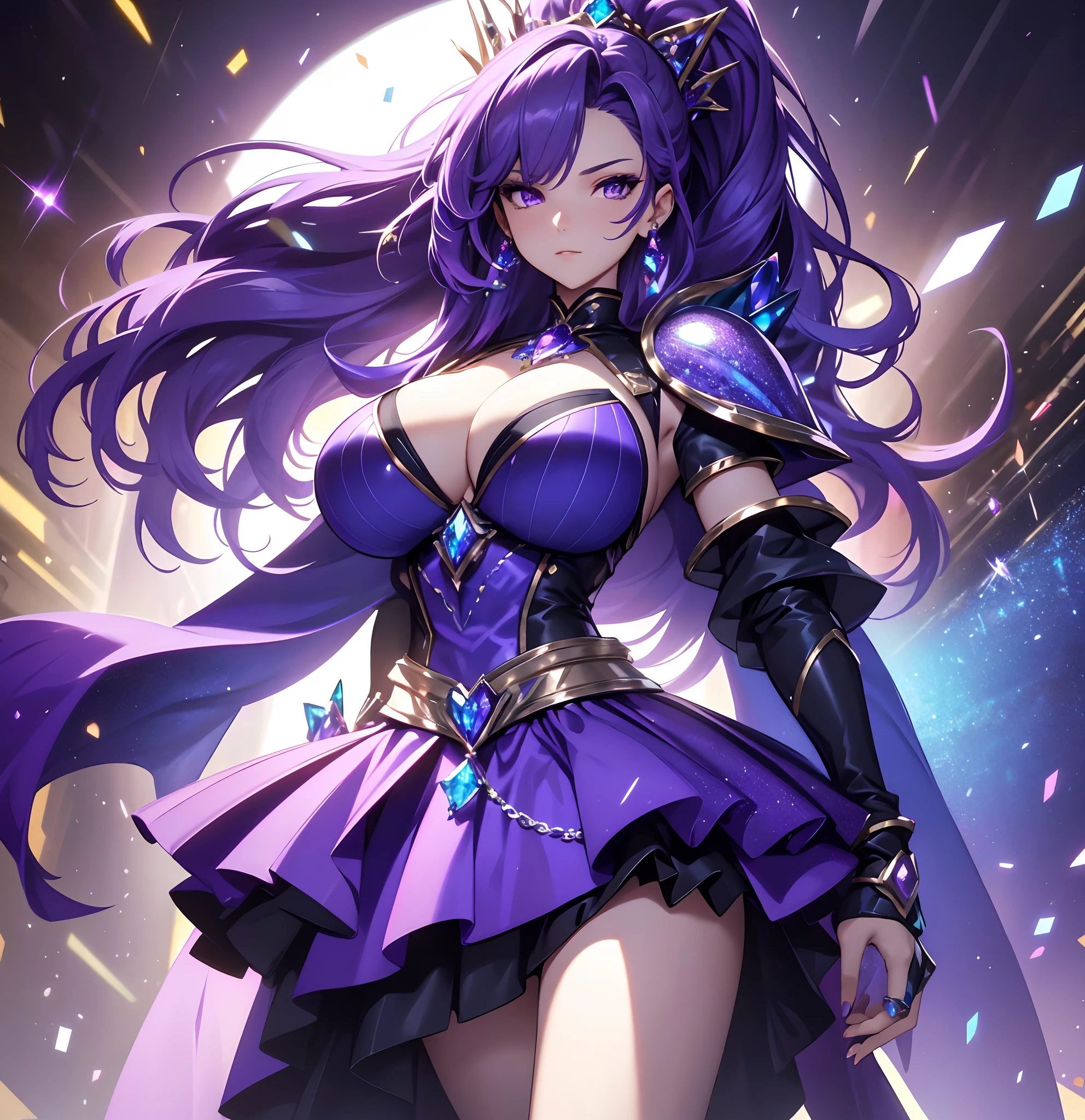 best qualityer，tmasterpiece，Ultimate resolution，downy，Extremely colorful，Colorful，Lady Knight，Royal Sister，Blue-purple armor skirt，Full body set with gemstones，amethyst，huge tit，（Short thin purple hair，High ponytail），Shield set with precious stones，jewelry，Pedras preciosas，Normal posture