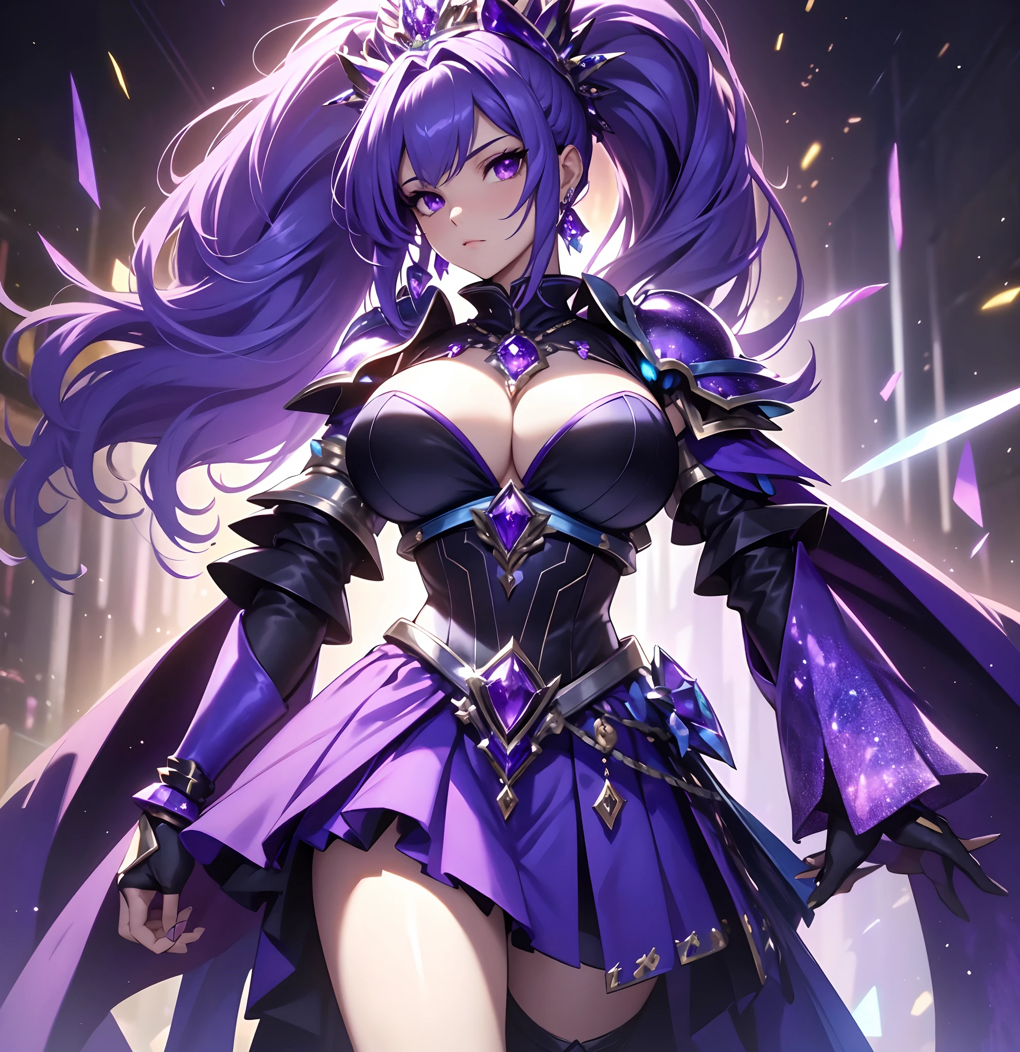 best qualityer,tmasterpiece,Ultimate resolution,downy,Extremely colorful,Colorful,Lady Knight,Royal Sister,Blue-purple armor skirt,Full body set with gemstones,amethyst,huge tit,(Short thin purple hair,High ponytail),Shield set with precious stones,jewelry,Pedras preciosas,Normal posture
