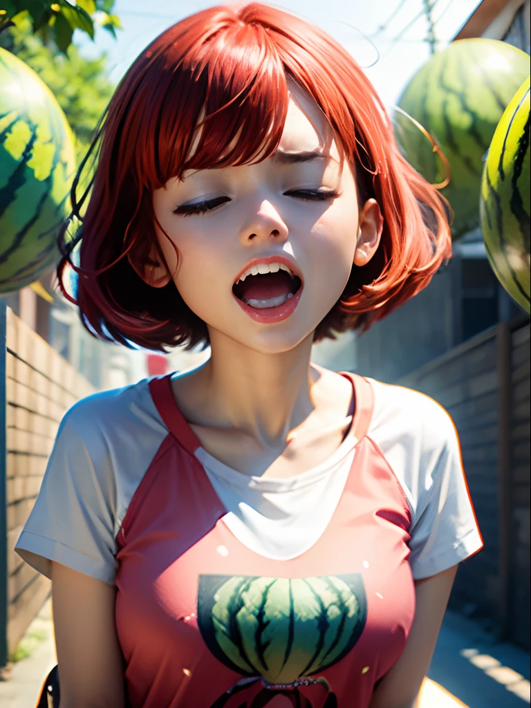( Screaming),Reaching the climax:1.3,One girl closing her eyes, short-cut、masutepiece、Bottoms are randomly generated、( Watermelon illustration printed shirt )、red hairs、GI Cut、Background bokeh:1.5