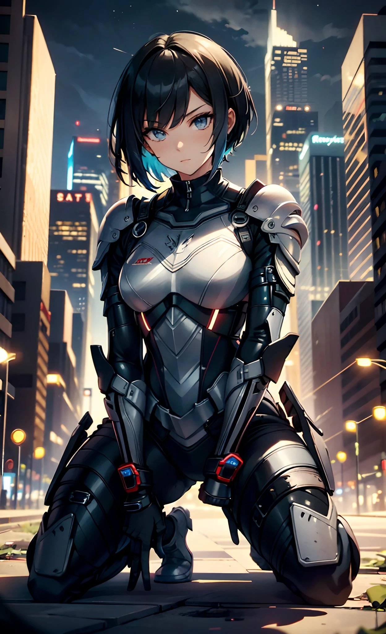 best qualityer,tmasterpiece,Ultimate resolution,downy,Extremely colorful,Colorful,Women combatants,(Kneeling pose)a matural female,Black super short hair,Tight combat suit,tightsuit,Steel City background,the night,Normal posture,Normal posture