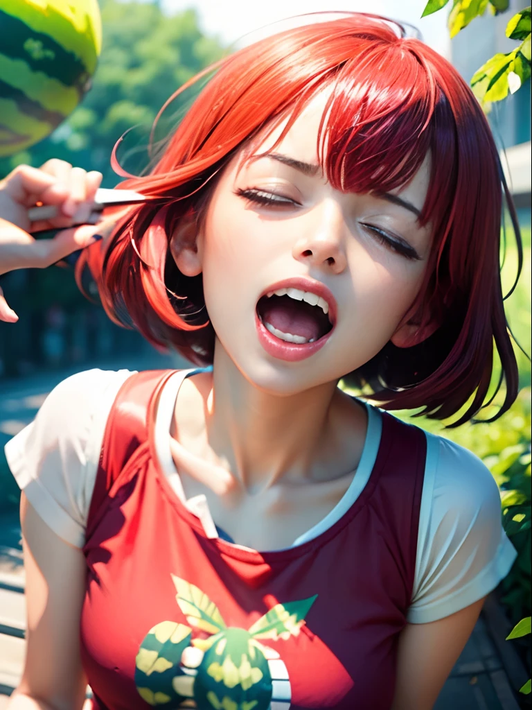 ( Screaming),Reaching the climax:1.3,One girl closing her eyes, short-cut、masutepiece、Bottoms are randomly generated、( Watermelon illustration printed shirt )、red hairs、GI Cut、Background bokeh:1.5