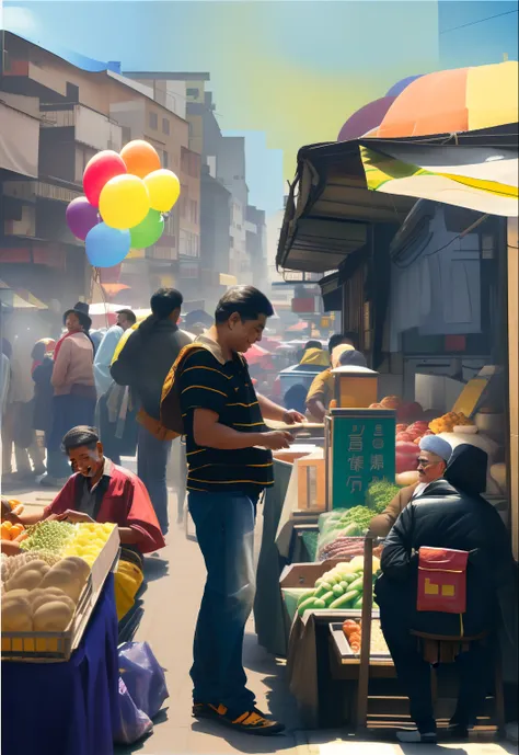 draw a man standing in front of a food stall with a balloon, the vibrant echoes of the market, market, street vendors, busy mark...