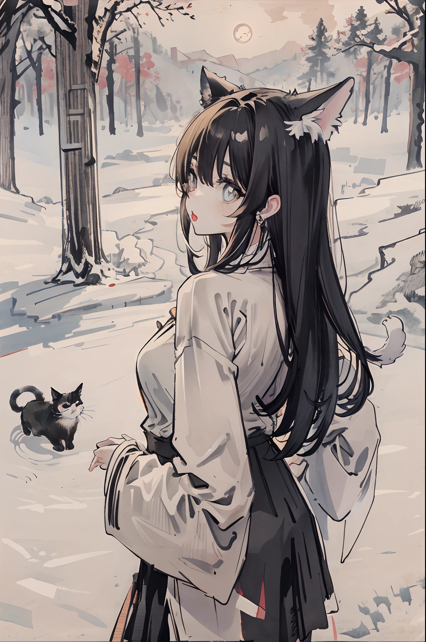 Accompanied by a cute cat,Cute,Big eyes,masutepiece,fullmoon,backstreet