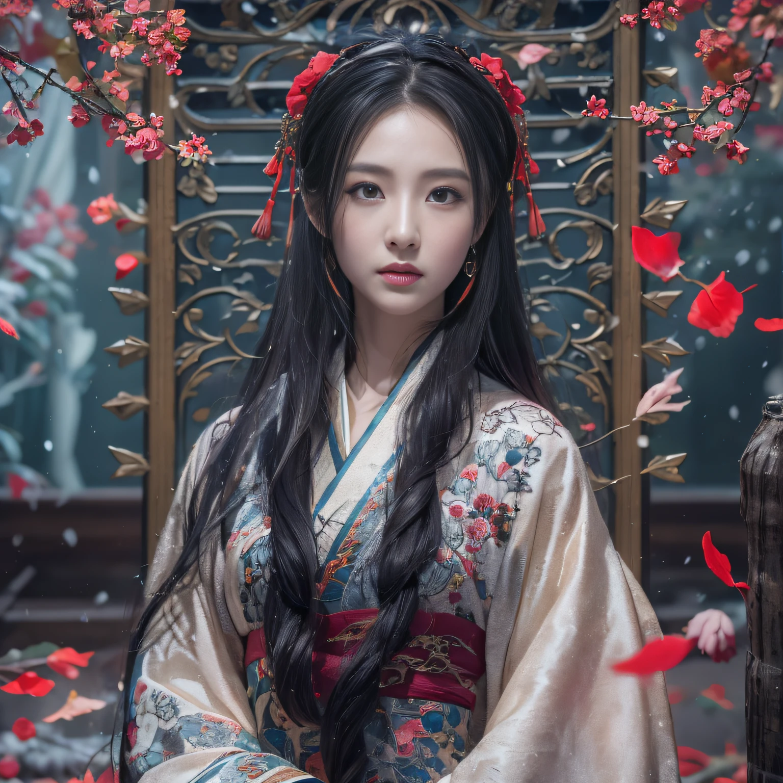 32K(tmasterpiece,k hd,hyper HD,32K)Long flowing black hair,ponds,zydink, a color, Xuzhou people (Seduce girls), (Red scarf in the snow), Combat posture, looking at the ground, long whitr hair, Floating hair, Carp pattern headdress, Chinese long-sleeved silver cheongsam, (Abstract gouache splash:1.2), Pink petal background,Forget the flowers flying(realisticlying:1.4),Black color hair,Fallen leaves flutter,The background is pure, A high resolution, the detail, RAW photogr, Sharp Re, Nikon D850 Film Stock Photo by Jefferies Lee 4 Kodak Portra 400 Camera F1.6 shots, Rich colors, ultra-realistic vivid textures, Dramatic lighting, Unreal Engine Art Station Trend, cinestir 800,Long flowing black hair,see-through transparent clothes