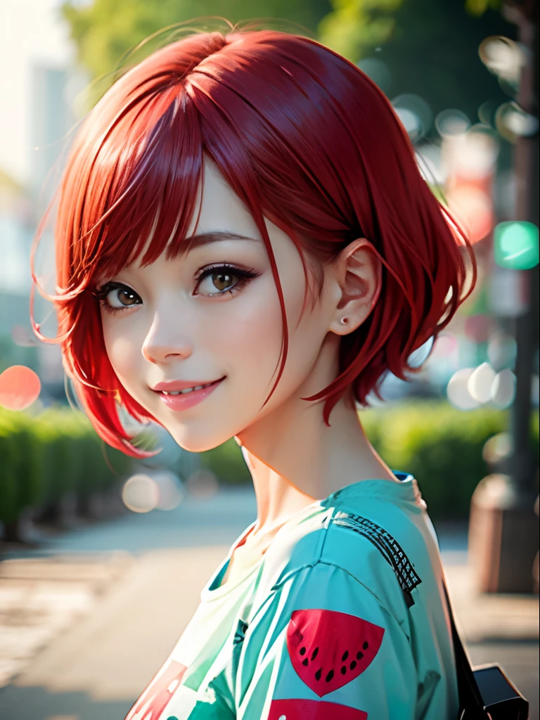 One girl smiling, short-cut、masutepiece、Bottoms are randomly generated、（ Watermelon Illustration Printed Shirt ）、red hairs、GI Cut、Background bokeh:1.5