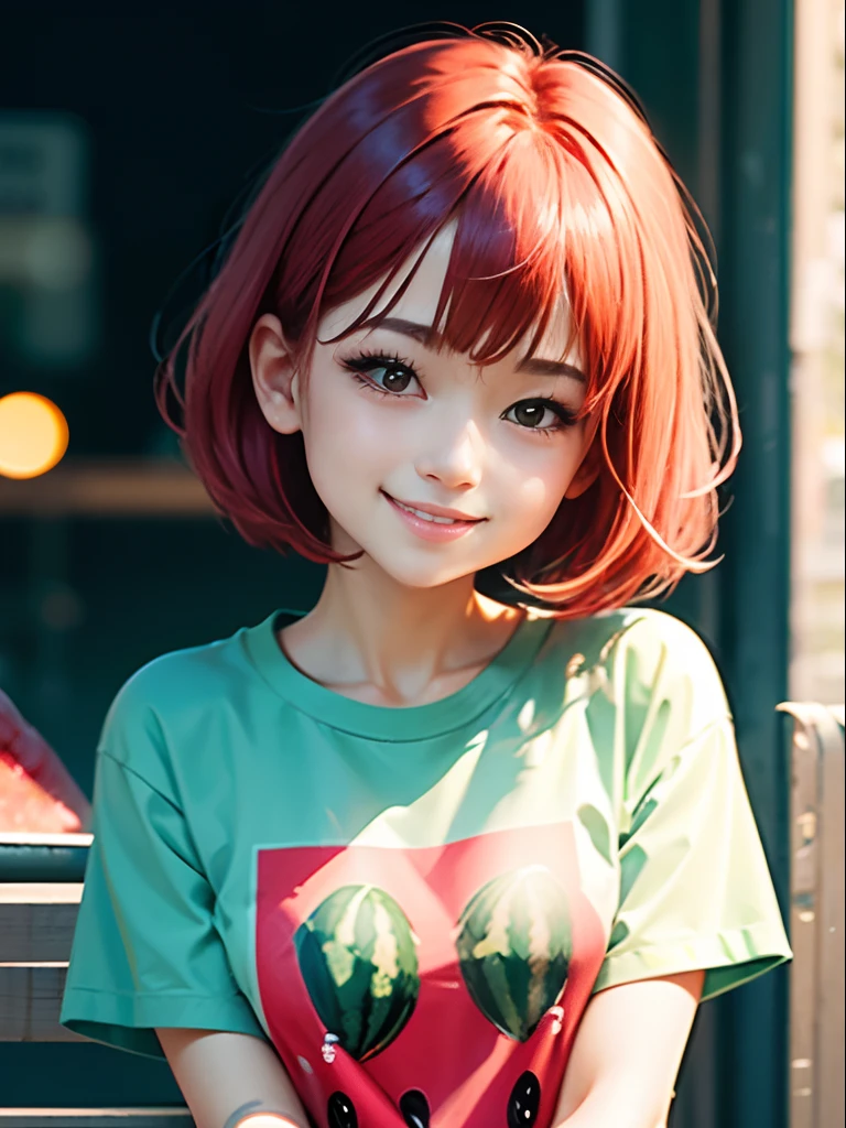 One girl smiling, short-cut、masutepiece、Bottoms are randomly generated、( Watermelon Illustration Printed Shirt )、red hairs、GI Cut、Background bokeh:1.5